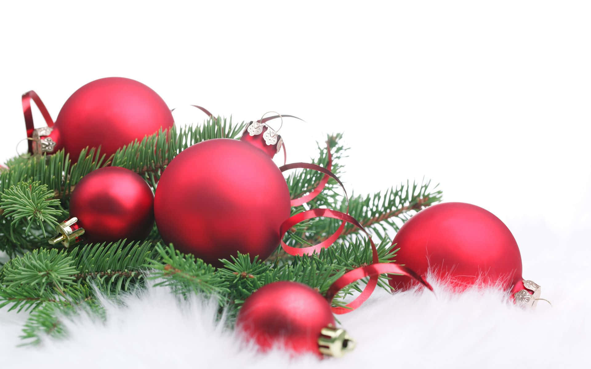 red ornaments, white fur, green pine branches, Full HD Desktop Wallpaper