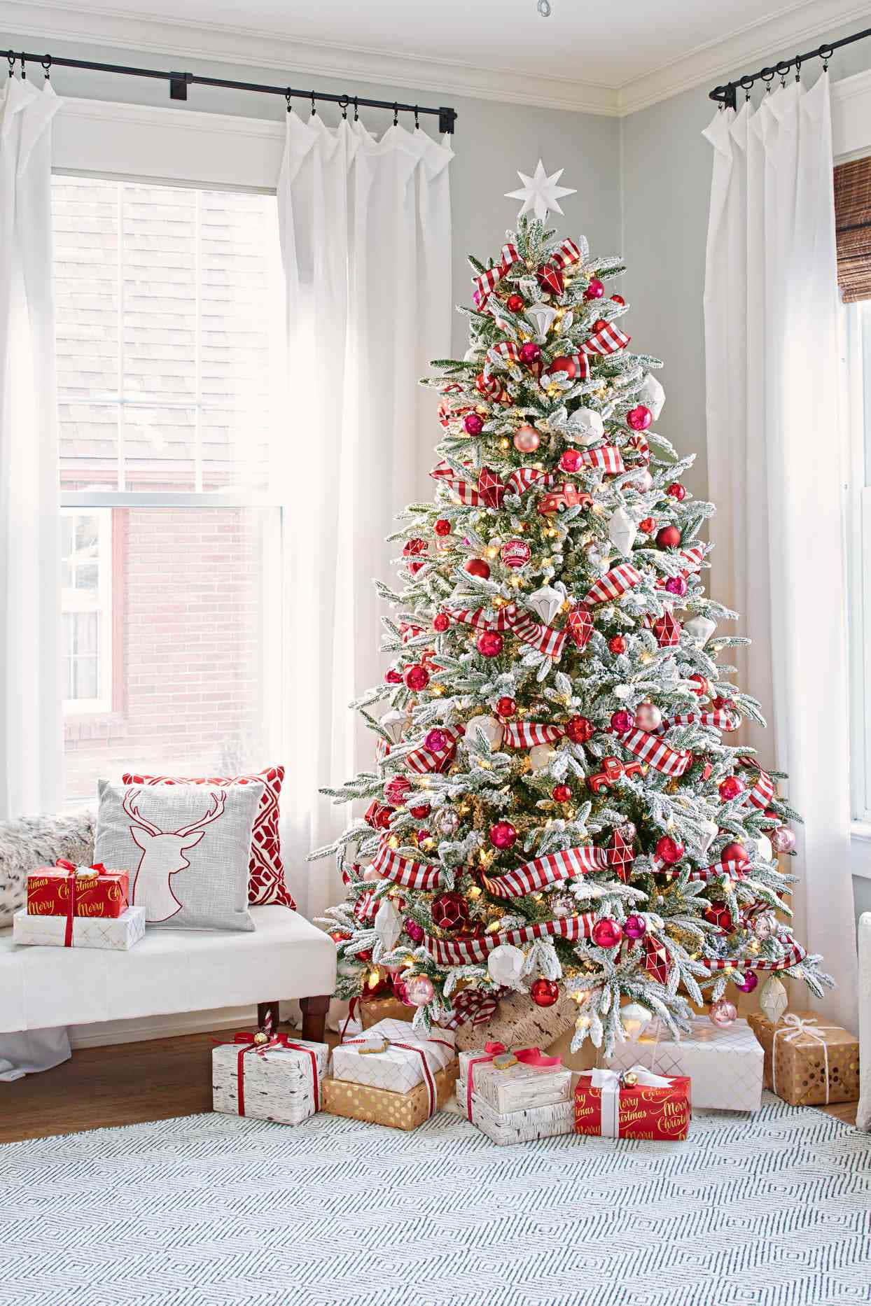 flocked Christmas tree, red ornaments, striped ribbons, HD Phone Wallpaper