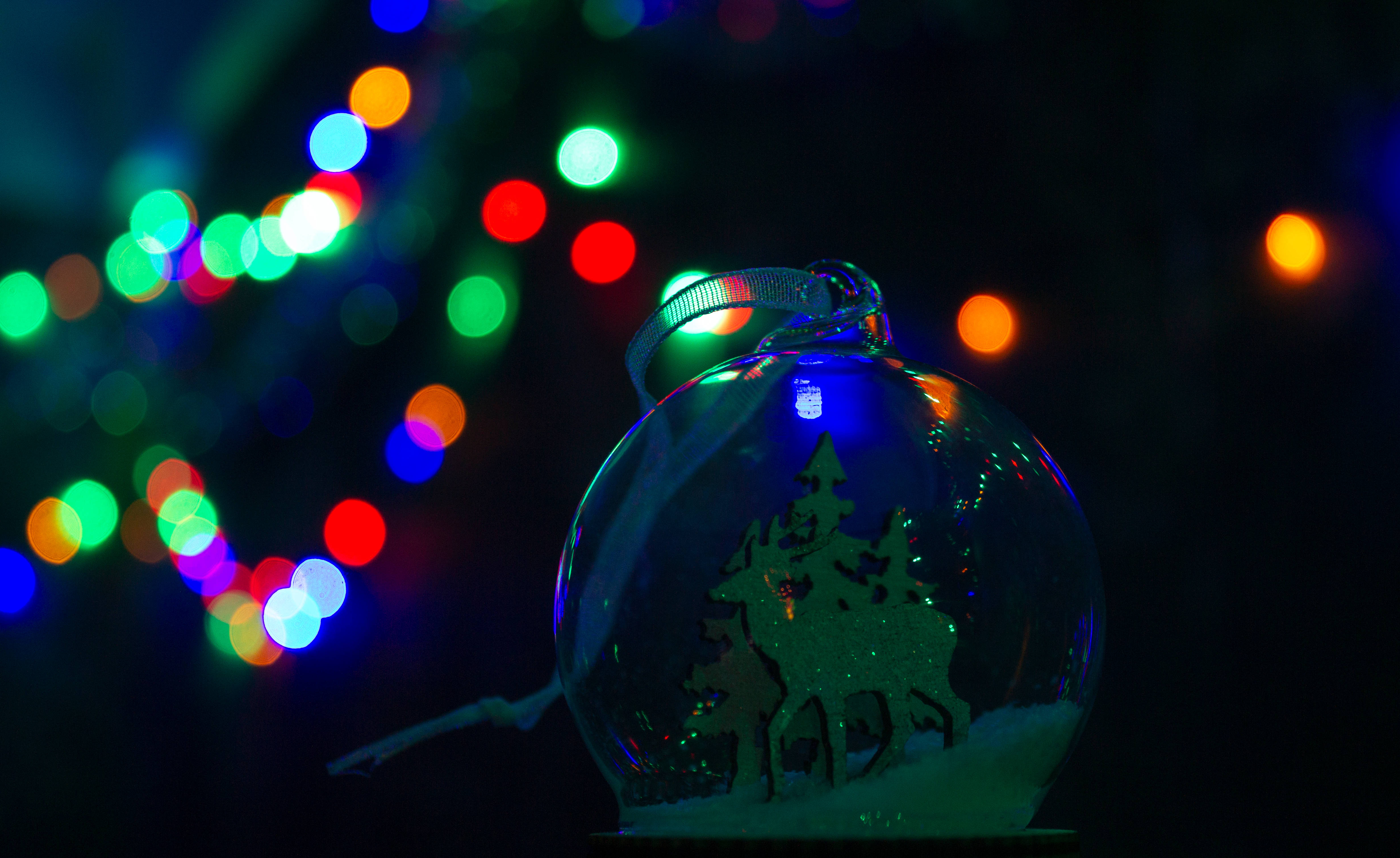Aesthetic Christmas Snow Globe, deer silhouette, glass Christmas ornament, 4K Desktop Wallpaper