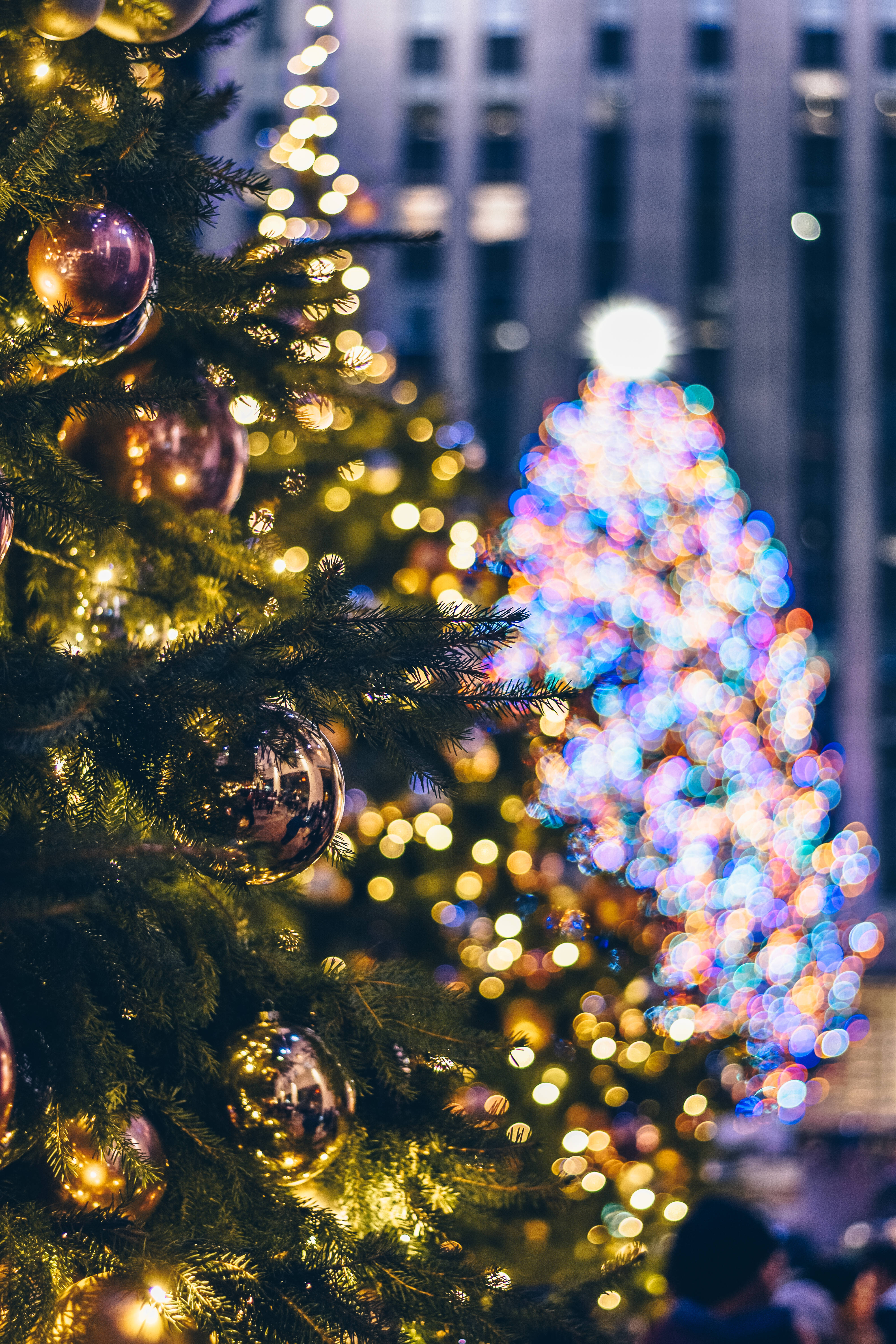 Aesthetic Christmas Tree, shiny ornaments, warm lights, 5K Phone Wallpaper