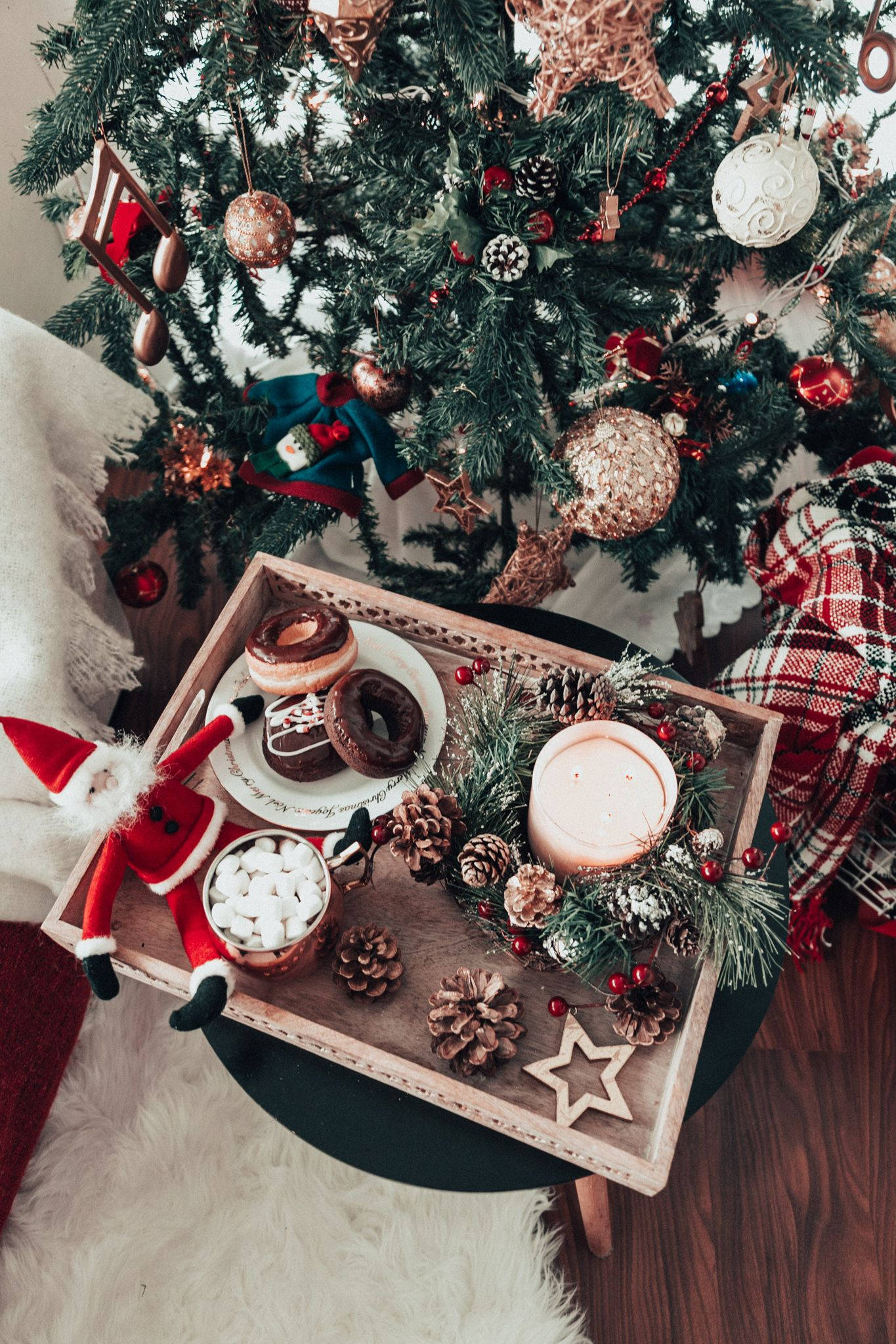Aesthetic Christmas, wooden tray, donuts, Full HD Phone Wallpaper