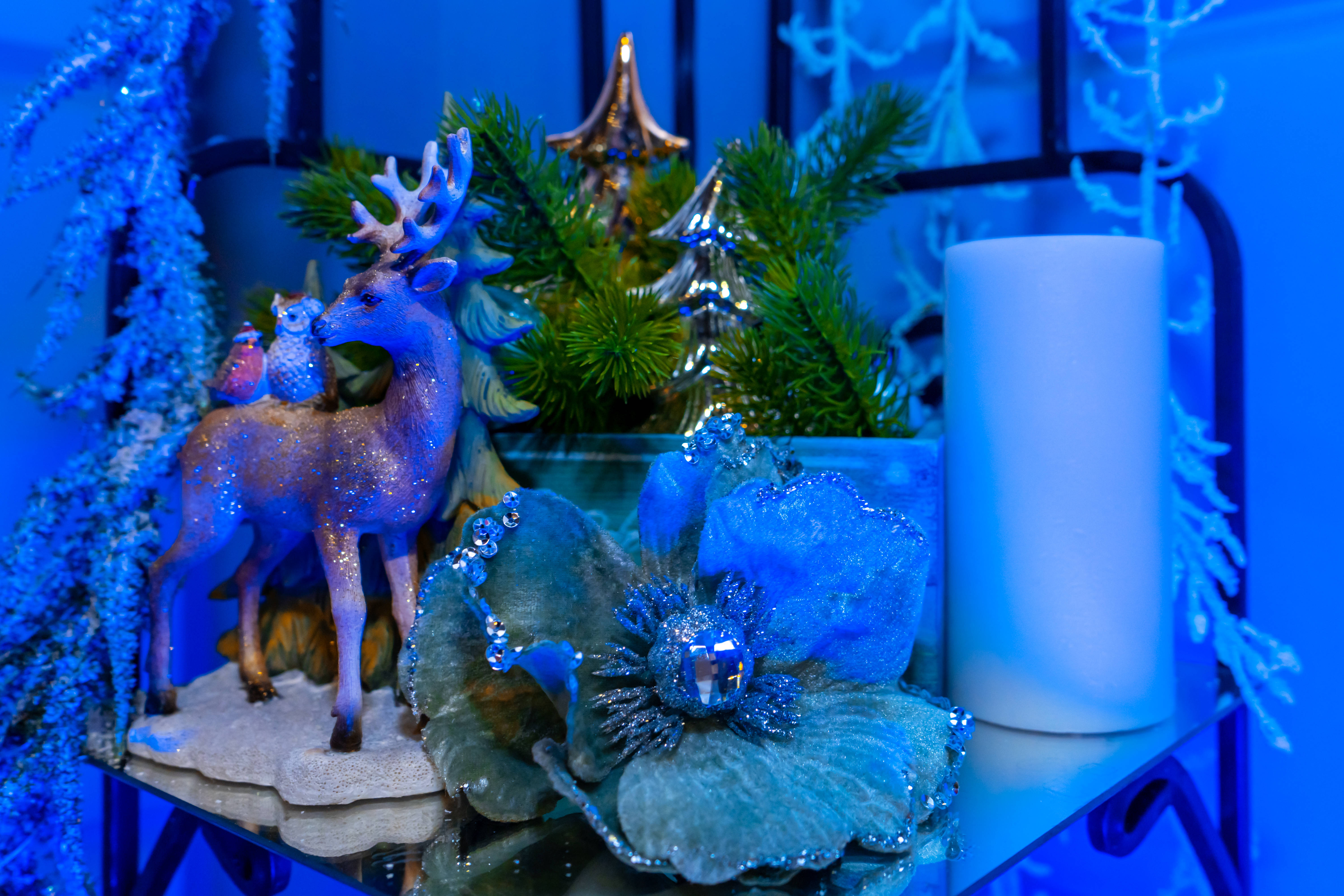 Aesthetic Christmas, blue-themed, glittering deer figurine, 5K Desktop Wallpaper
