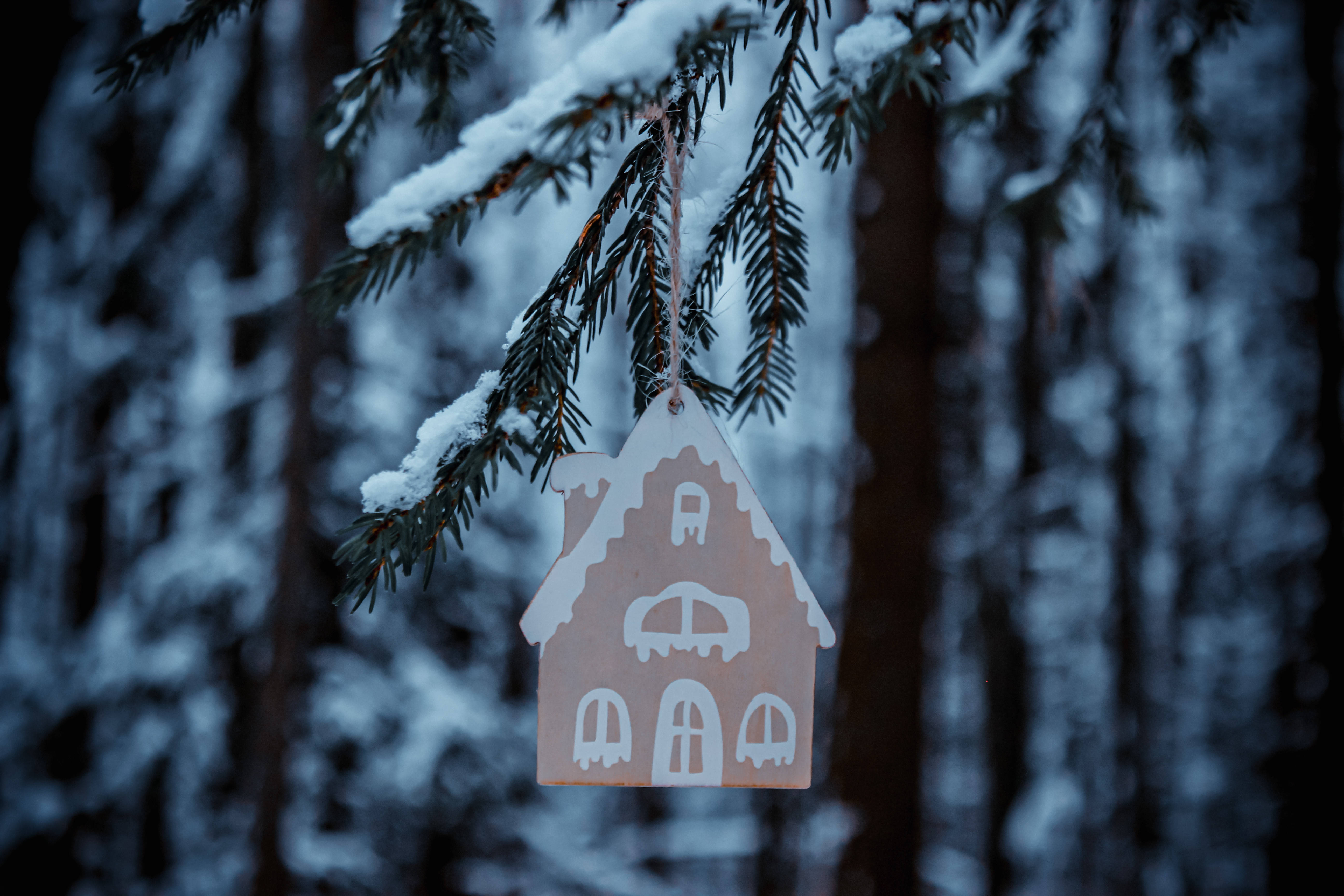Aesthetic Christmas, gingerbread house ornament, wooden house ornament, 5K Desktop Wallpaper