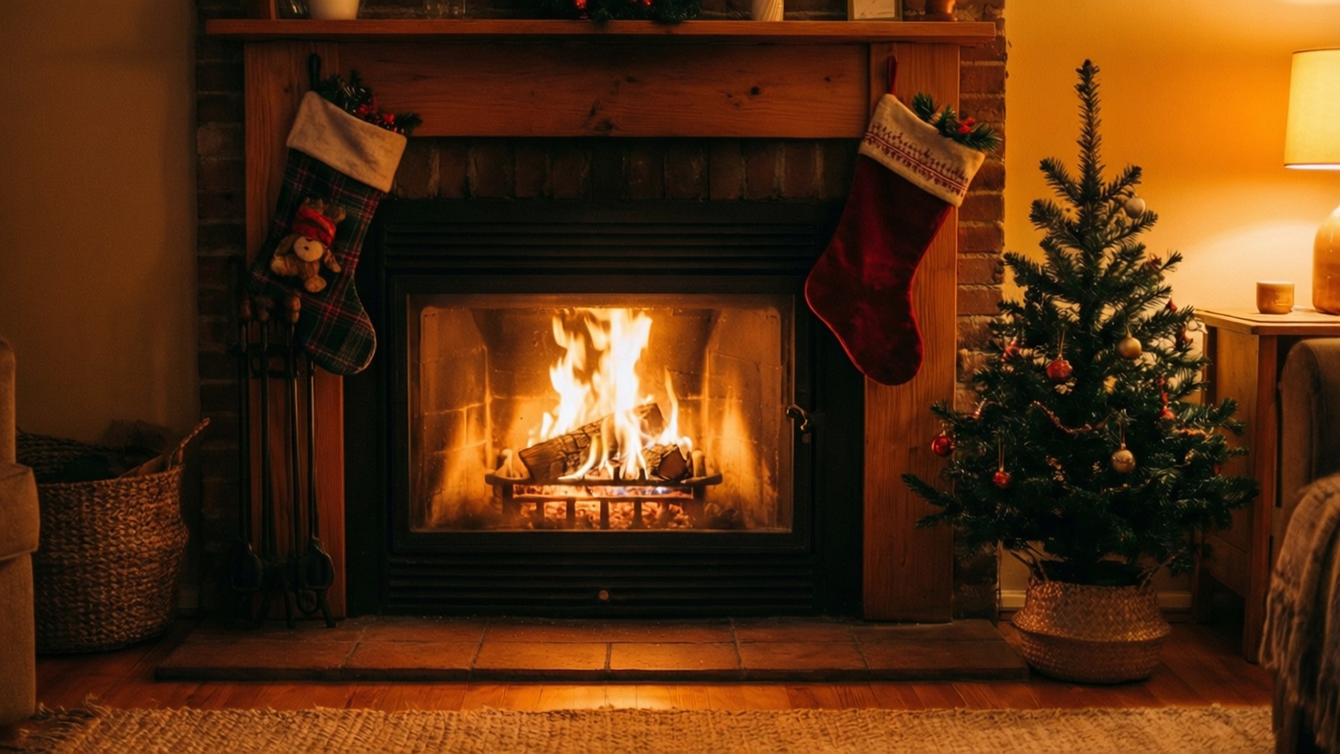 cozy fireplace, warm flames, stockings, Full HD Desktop Wallpaper