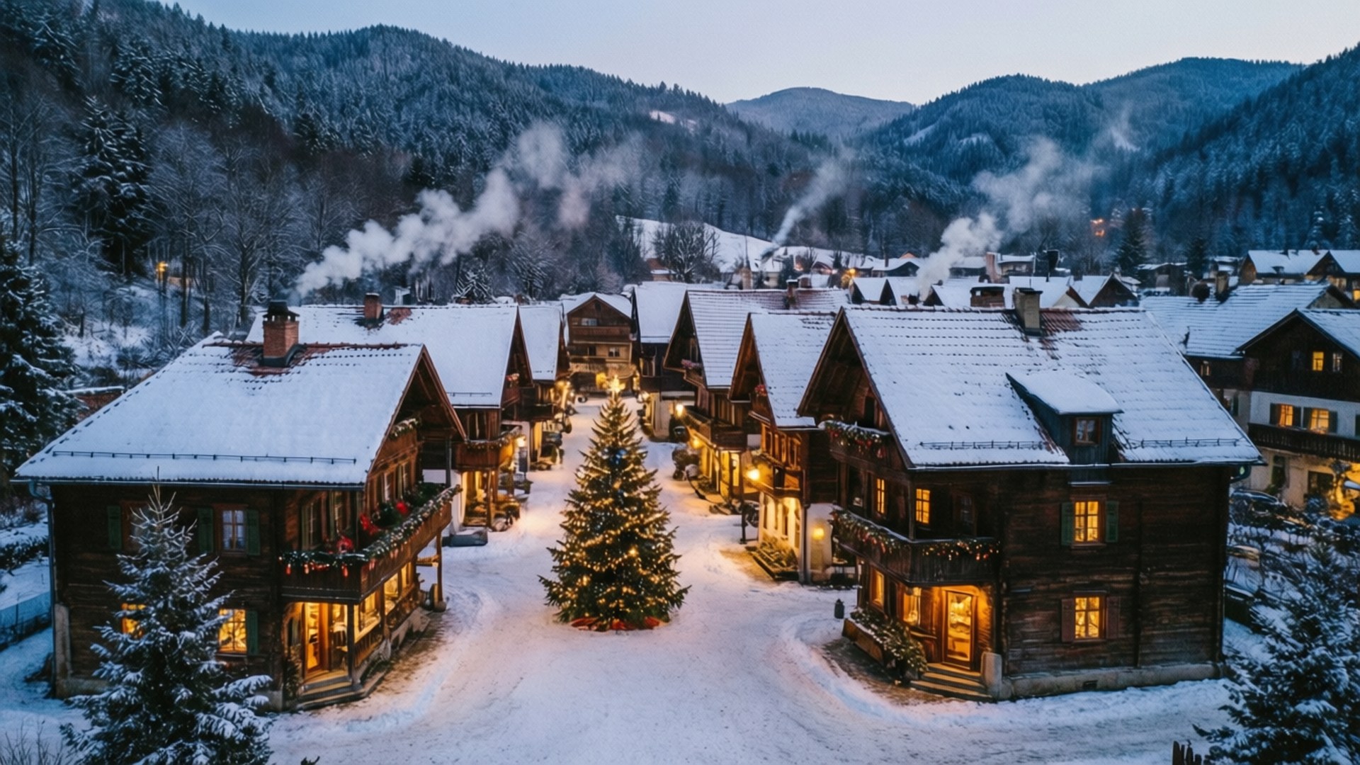 Snowy Village Dusk, rustic wooden chalets, warm lights, Full HD Desktop Wallpaper