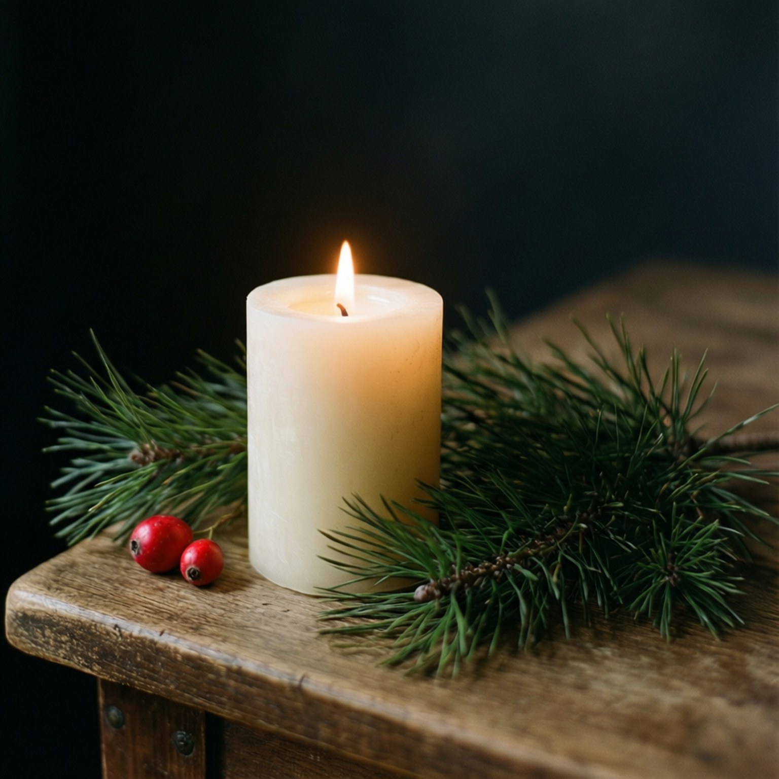 candle, pine branches, red berries, HD Desktop Wallpaper