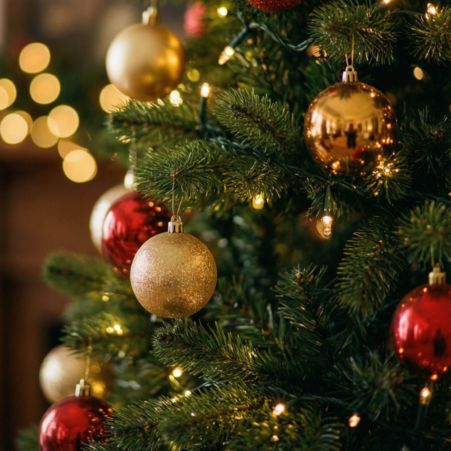 Christmas tree, shiny red ornaments, gold ornaments, HD Desktop Wallpaper