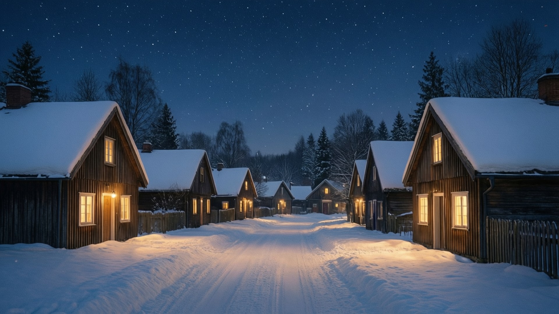 Snowy Village Night, snow-covered village street, warm glowing windows, Full HD Desktop Wallpaper