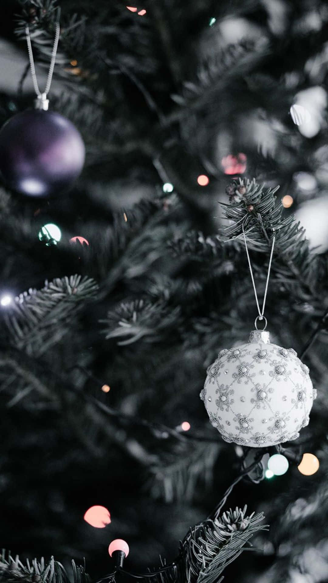 silver snowflake ornament, purple bauble, dark green Christmas tree, Full HD Phone Wallpaper