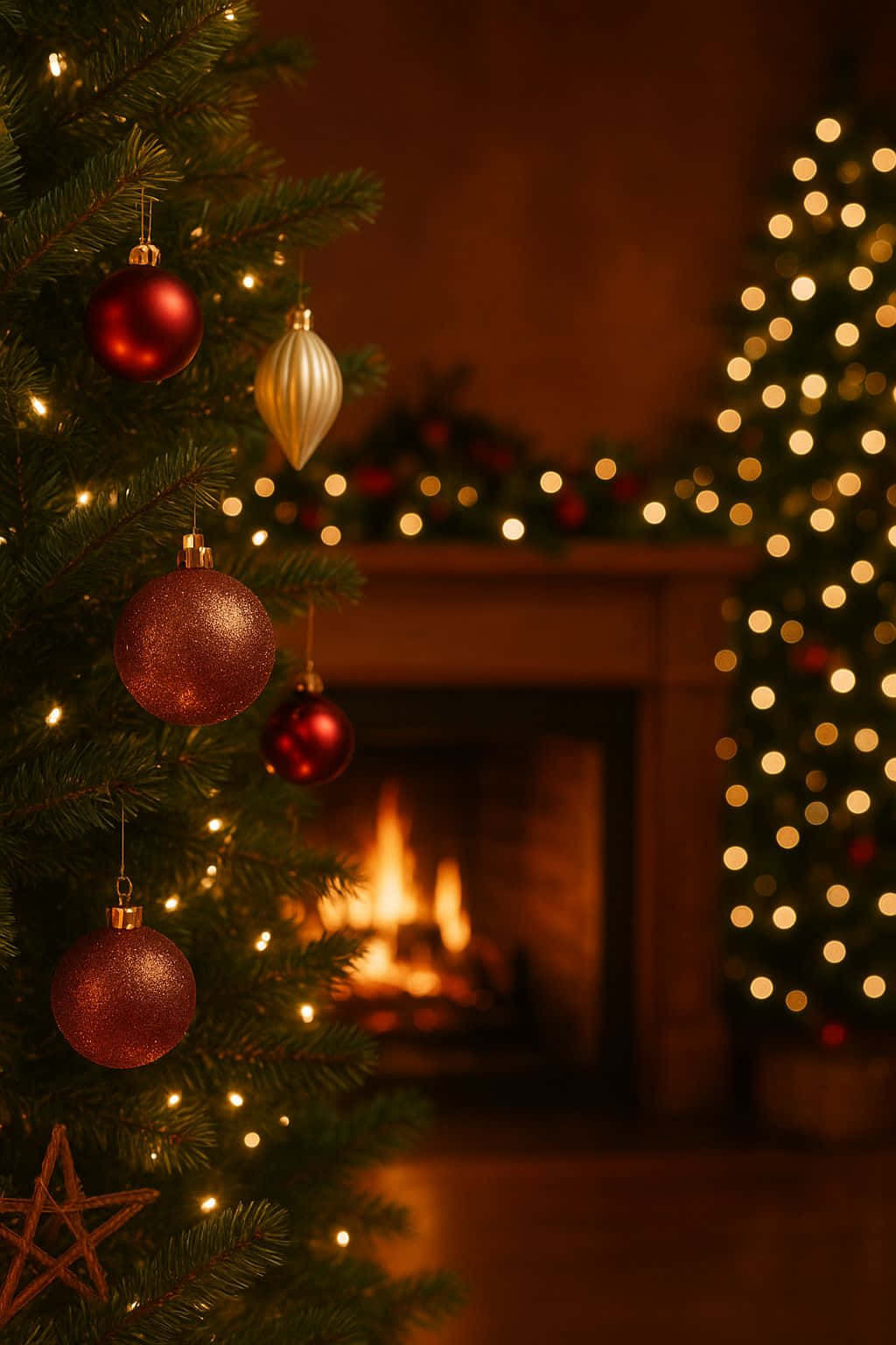 cozy aesthetic christmas decor, Christmas tree, red and gold ornaments, HD Phone Wallpaper