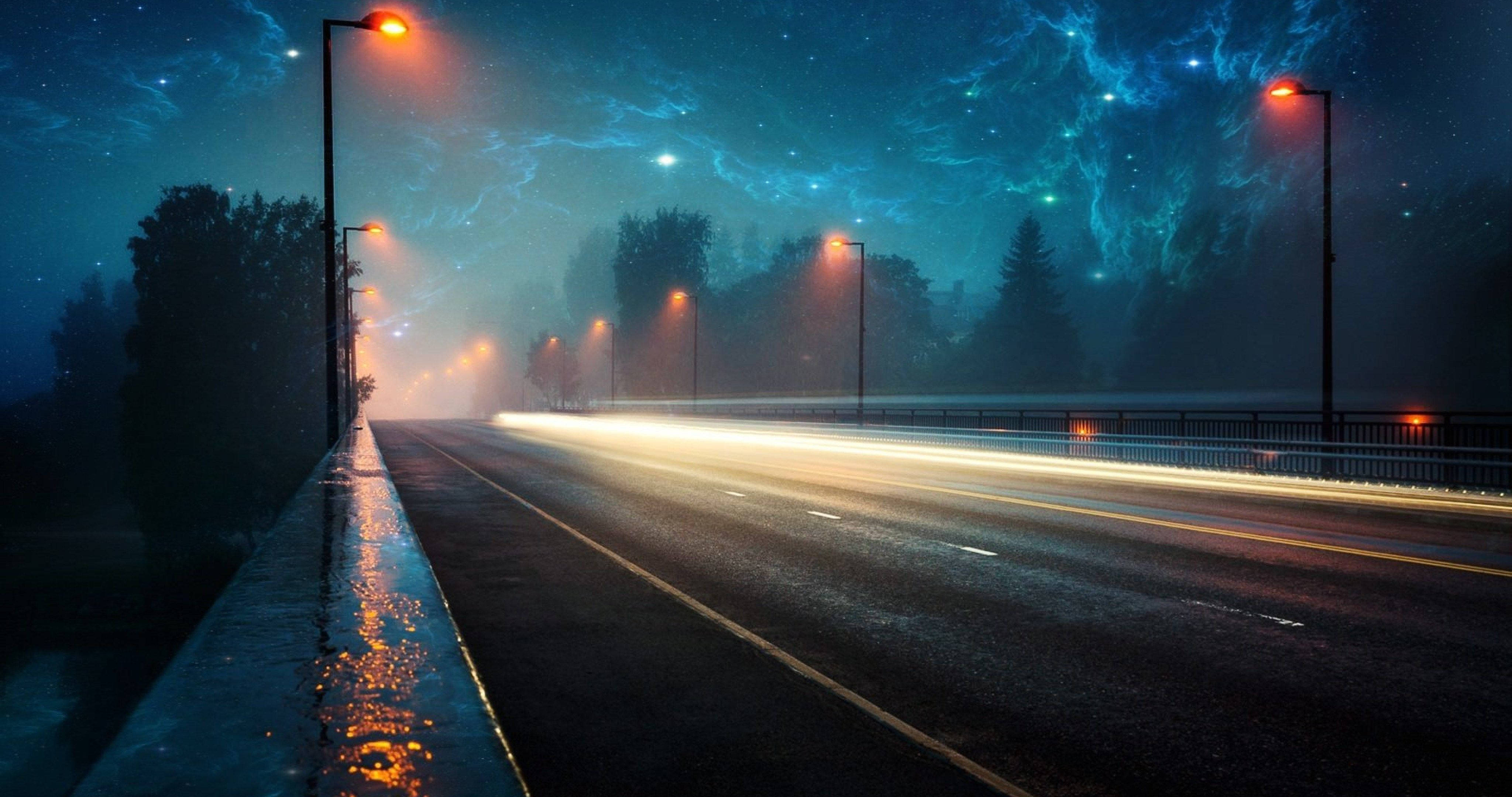 Aesthetic Chromebook, empty night road, glowing streetlights, 4K Desktop Wallpaper