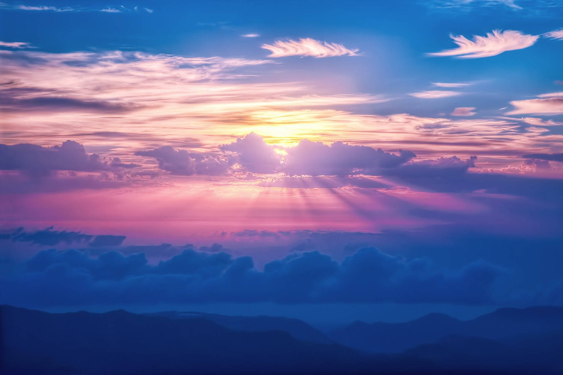 Sun Aesthetic Cloud Desktop, Sunset rays, pink purple and blue clouds, Full HD Desktop Wallpaper