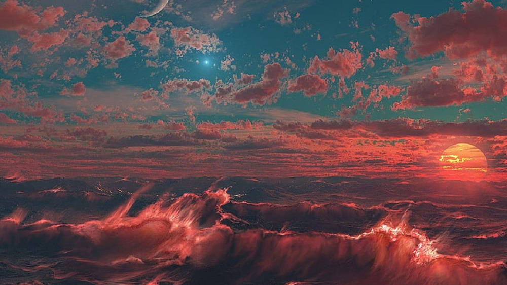 sunset, fiery red waves, teal sky, SD Desktop Wallpaper