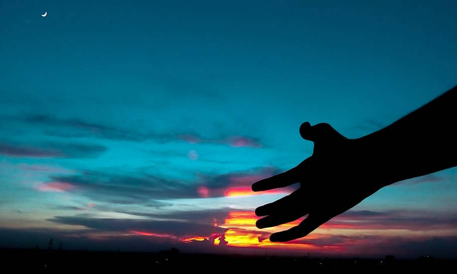 silhouetted hand, vibrant sunset sky, crescent moon, SD Desktop Wallpaper