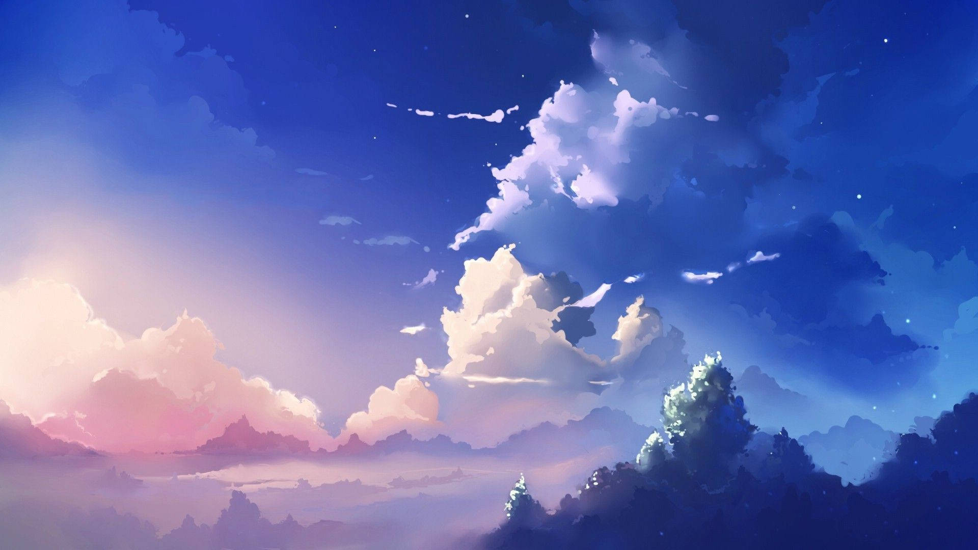 twilight sky, soft pink and deep blue clouds, silhouetted trees, Full HD Desktop Wallpaper
