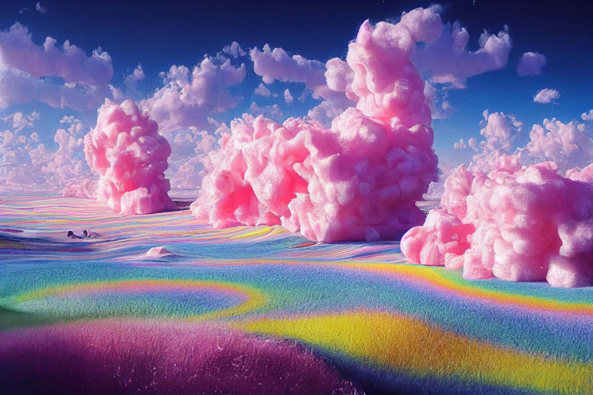 pink cotton candy clouds, rainbow-hued textured landscape, deep blue sky, Full HD Desktop Wallpaper