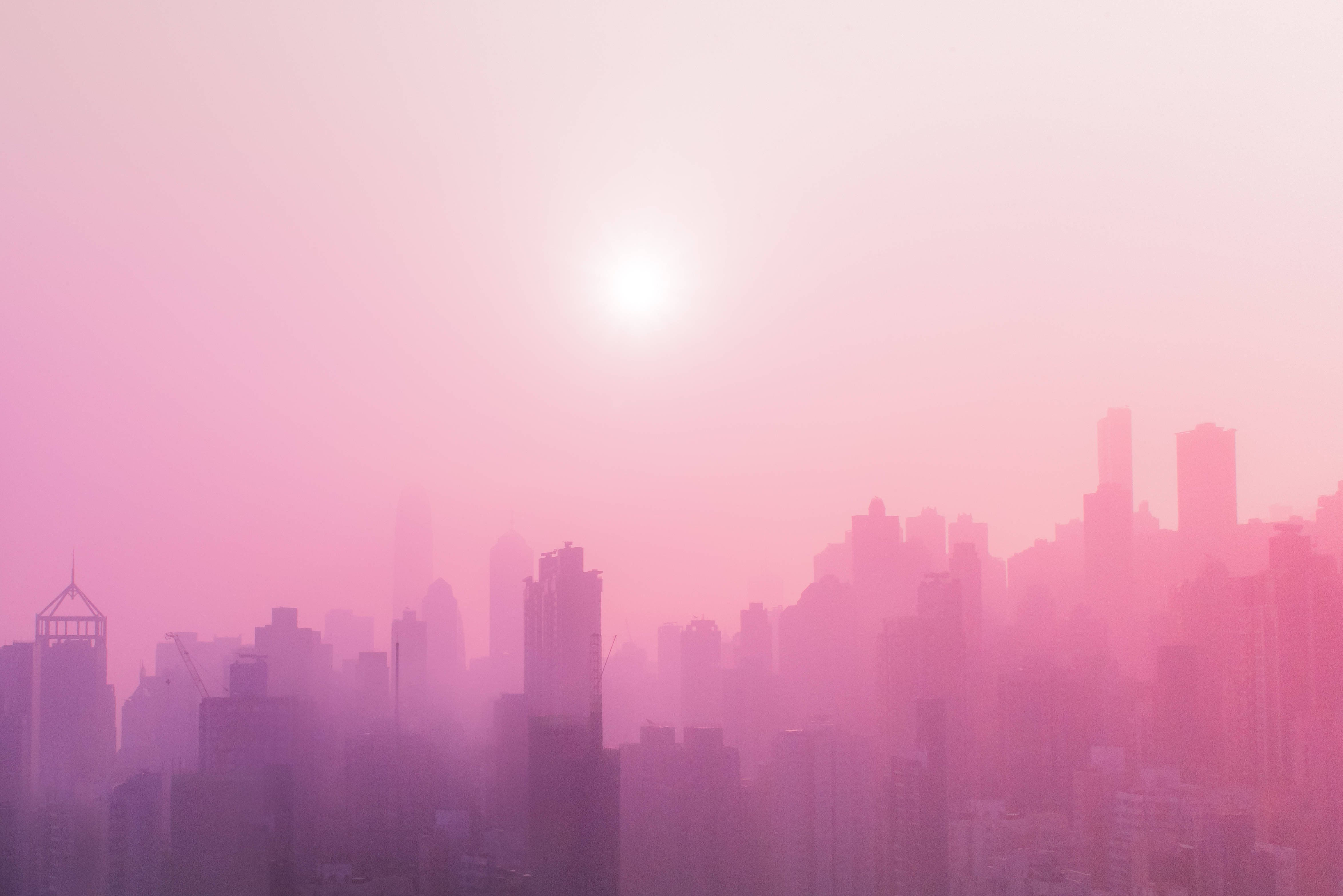 sunset, modern metropolis, pink hues, 4K Desktop Wallpaper
