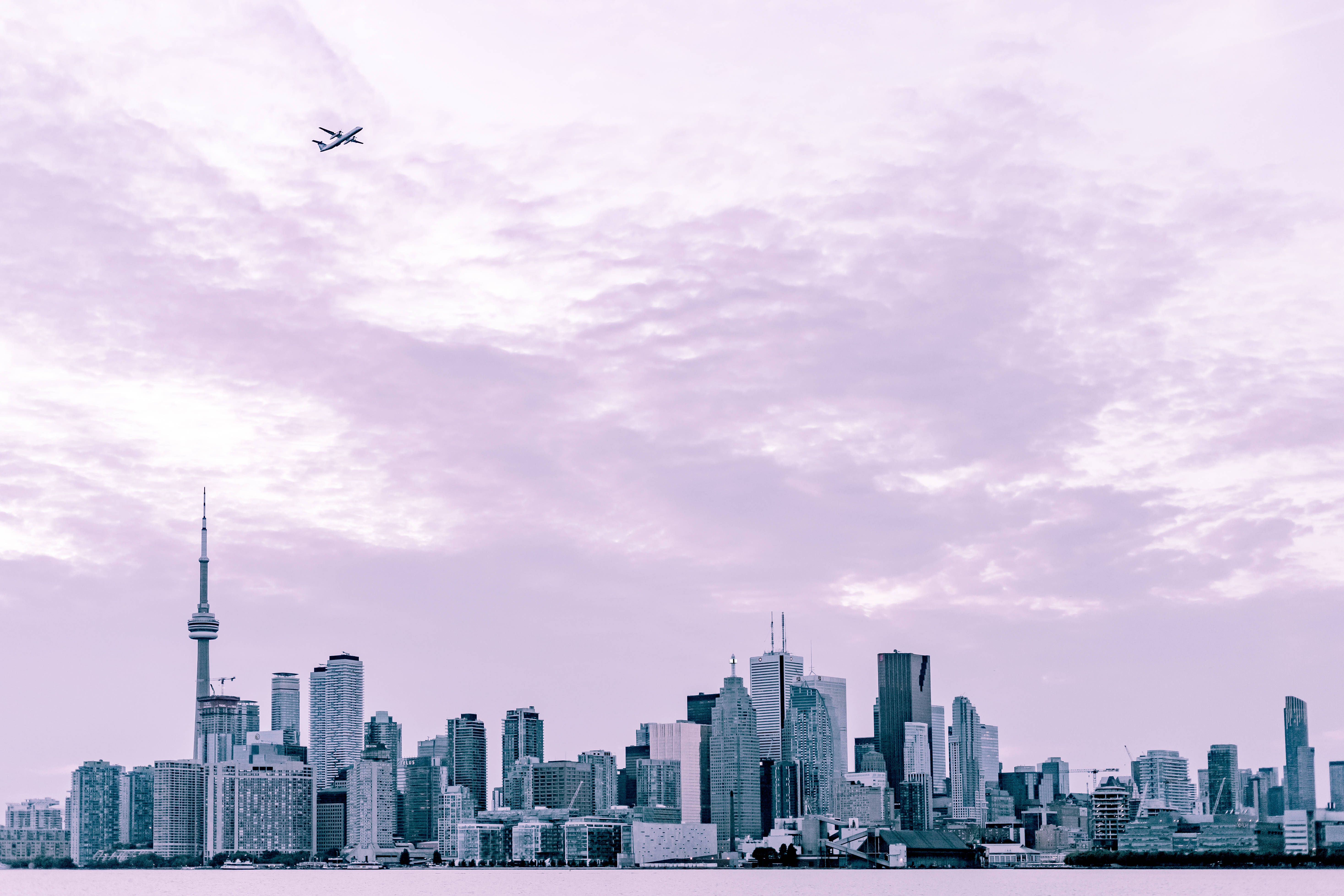 Aesthetic, city skyline, plane, 5K Desktop Wallpaper