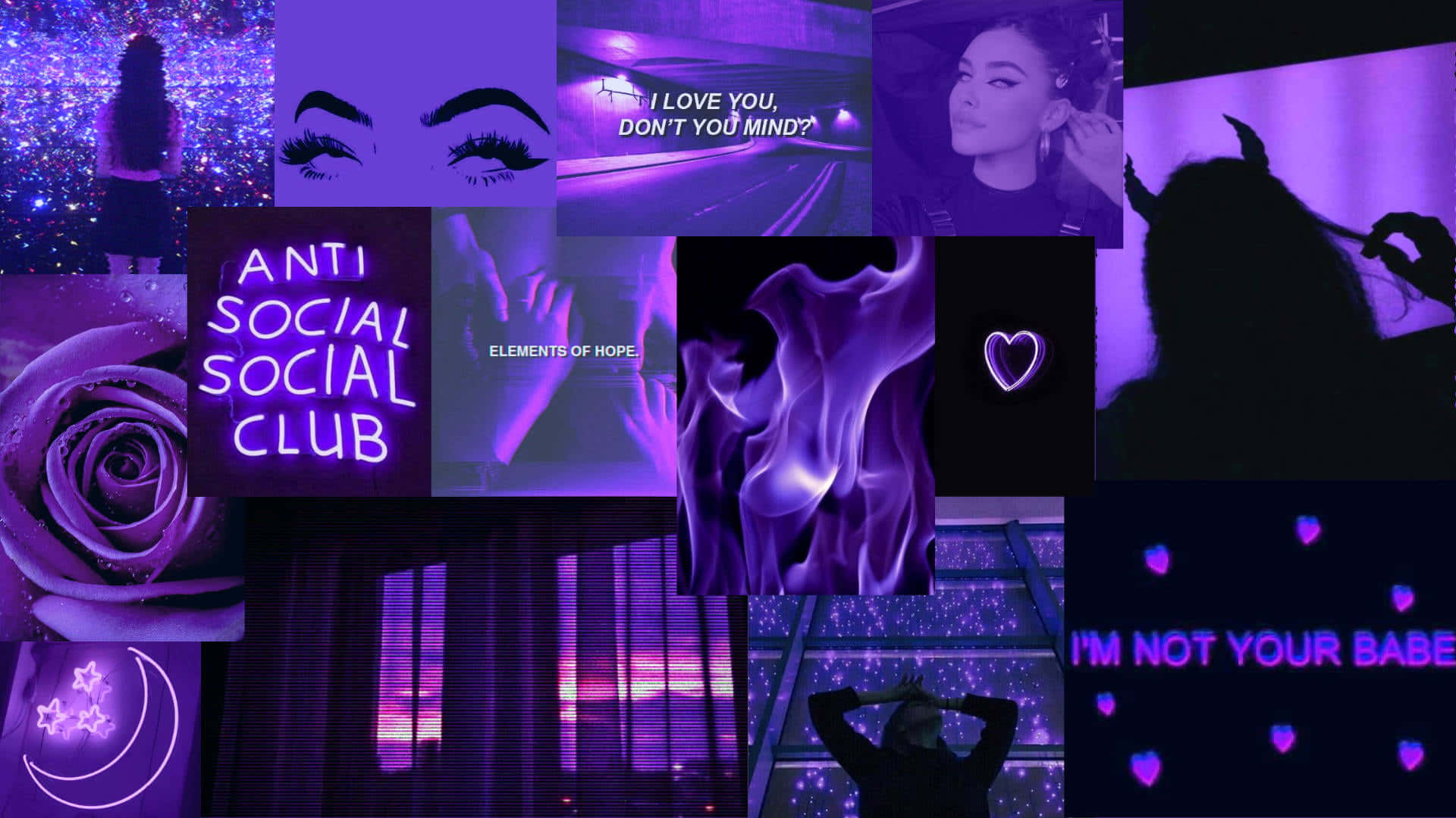 Aesthetic Collage Desktop, vibrant purple, neon text, Full HD Desktop Wallpaper