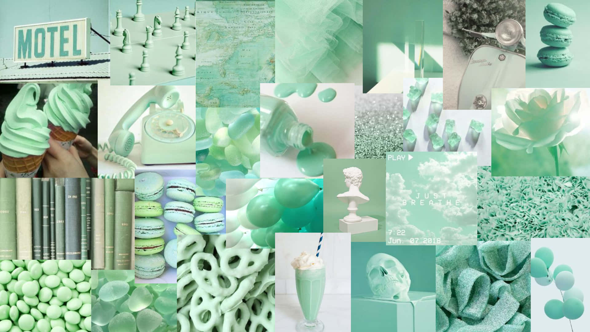 Cyan Aesthetic, mint green, ice cream macarons, Full HD Desktop Wallpaper