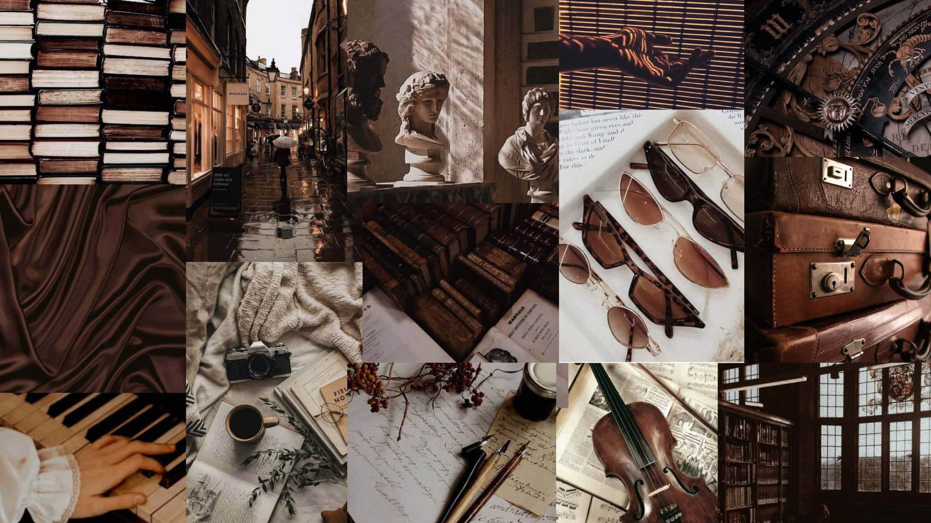 Dark Academia, vintage-inspired collage, books, Full HD Desktop Wallpaper