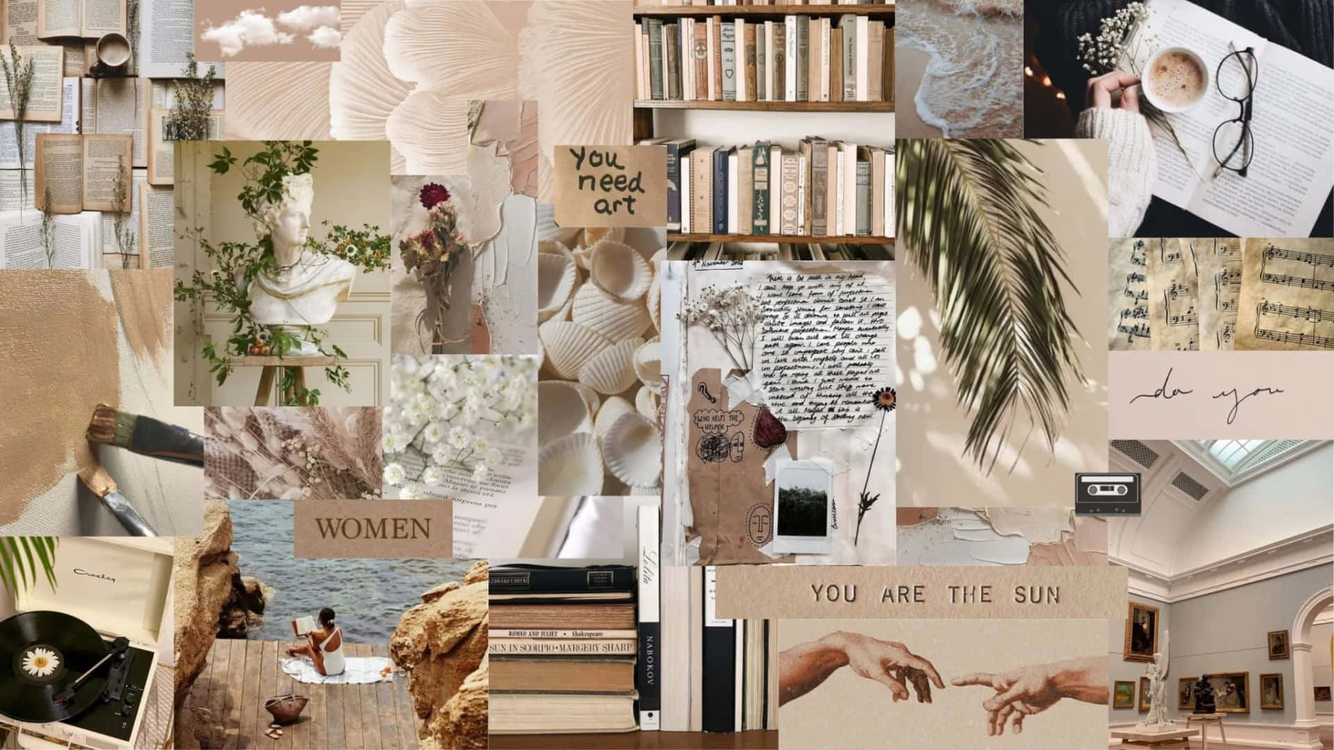 Aesthetic Collage Desktop, beige-toned, books, Full HD Desktop Wallpaper
