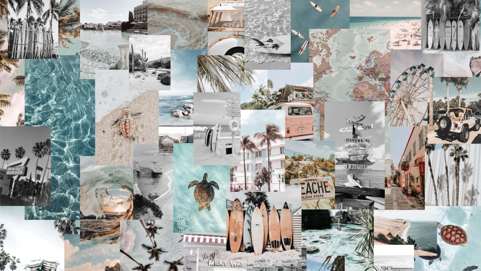 Neutral Ocean Aesthetic Collage Desktop, beach scenes, surfboards, Full HD Desktop Wallpaper