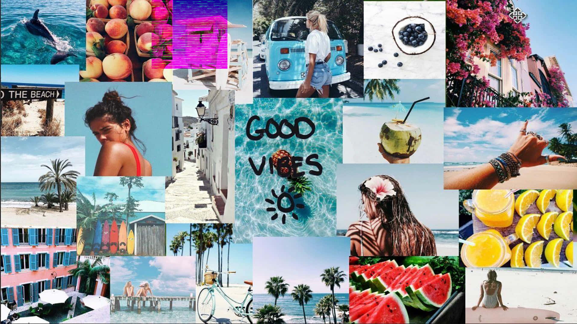 aesthetic collage desktop, beach scenes, tropical fruit, Full HD Desktop Wallpaper