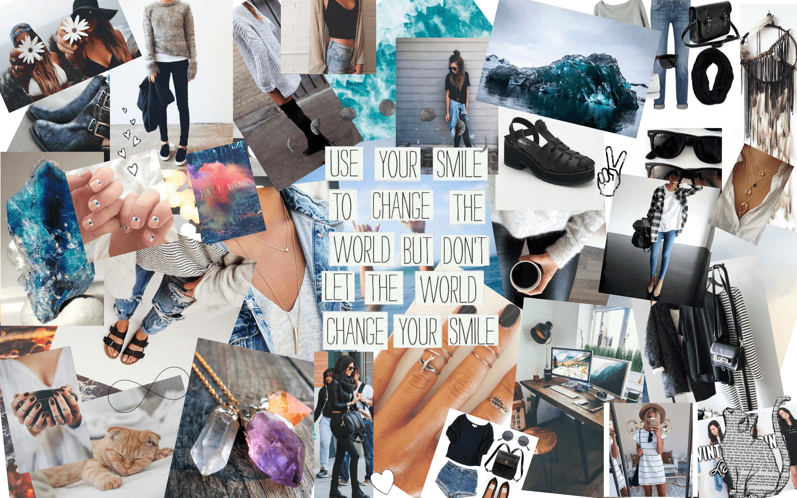 Collage Aesthetic Fashion Desktop, denim, crystals, 2K Desktop Wallpaper