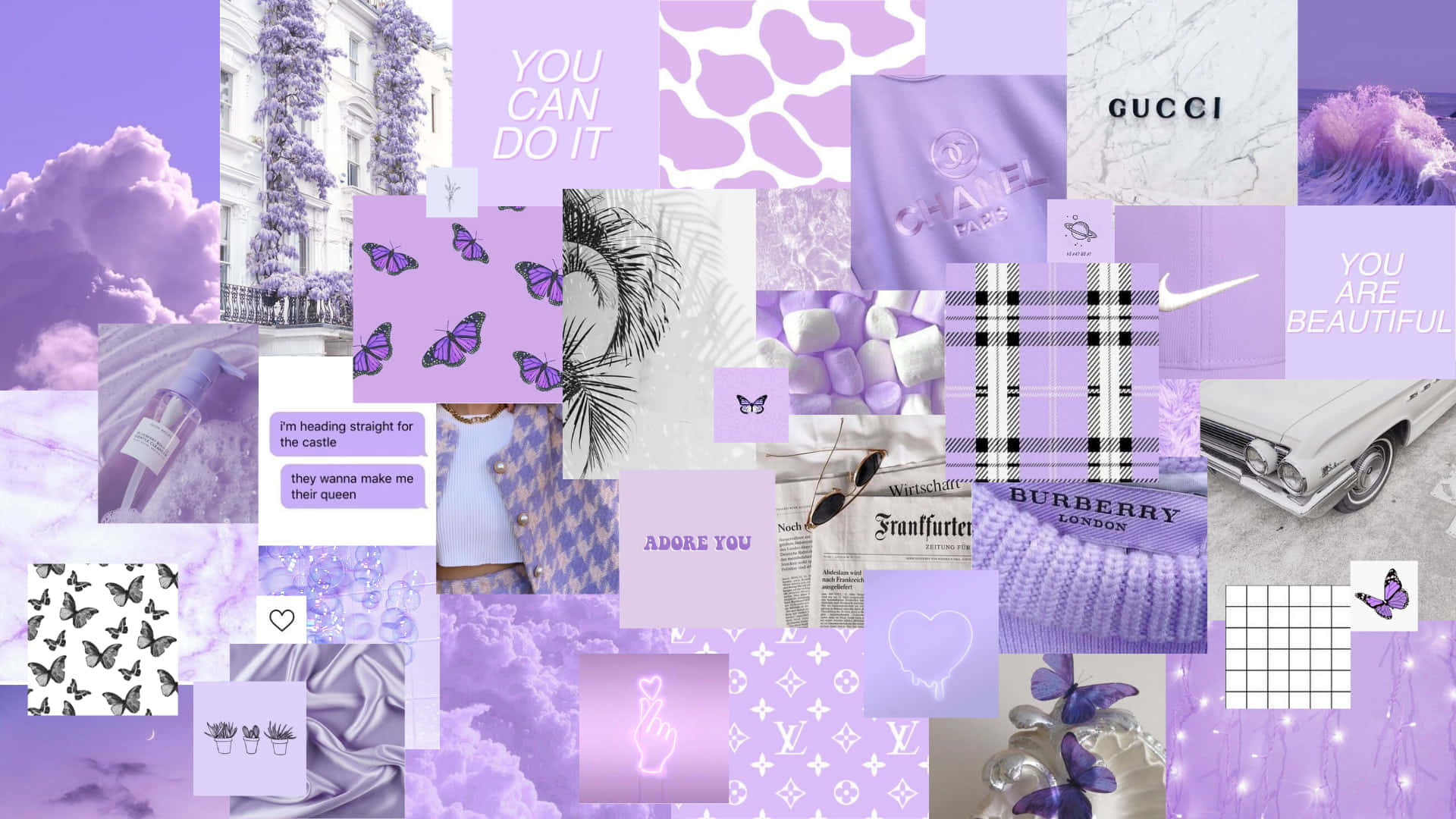 Aesthetic Collage Desktop, lavender-themed, butterflies, Full HD Desktop Wallpaper