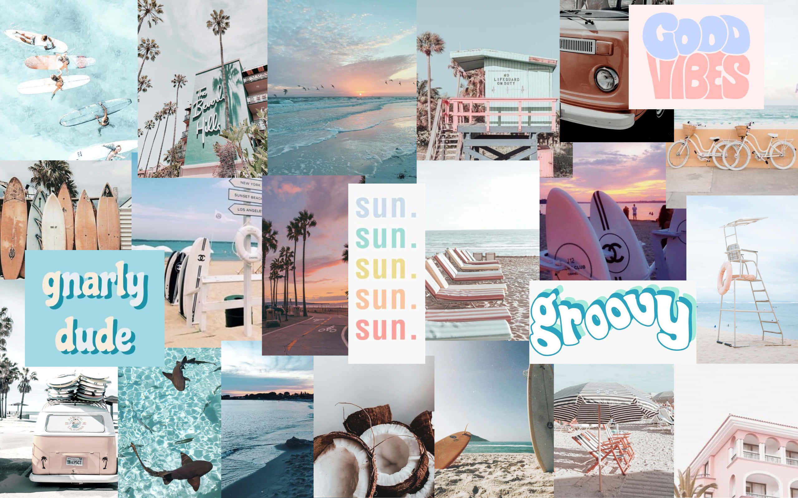 pastel blue, beach collage, surfboards, 2K Desktop Wallpaper