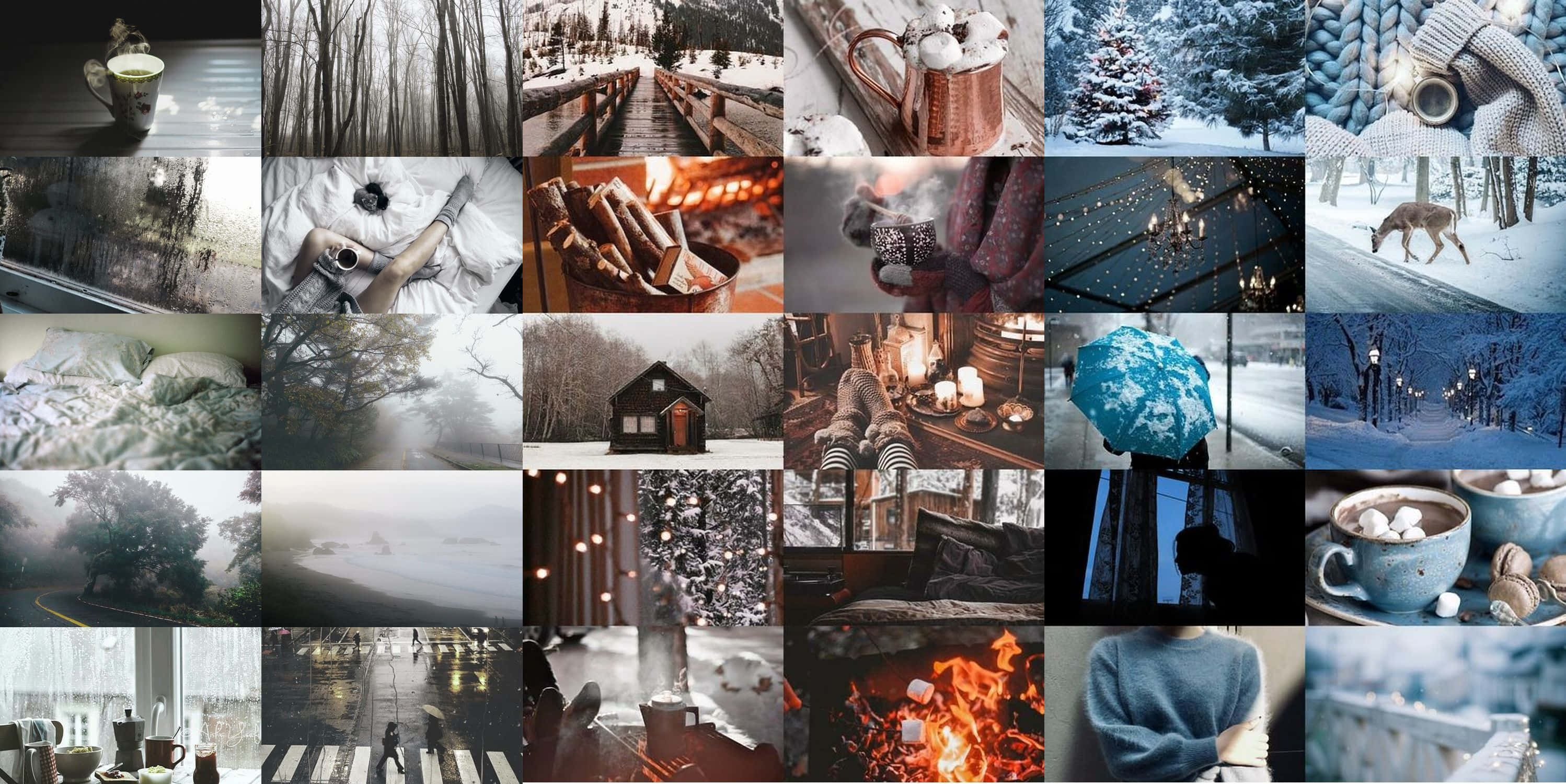 Winter Collage Aesthetic Desktop, snow-covered trees, warm drinks, 2K Desktop Wallpaper