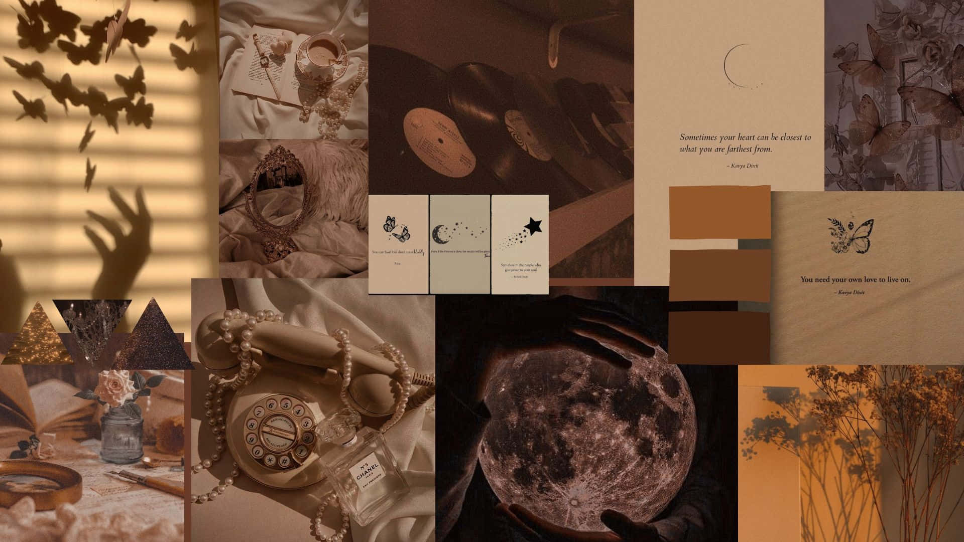 brown aesthetic collage desktop wallpaper, vintage objects, moon butterflies, Full HD Desktop Wallpaper