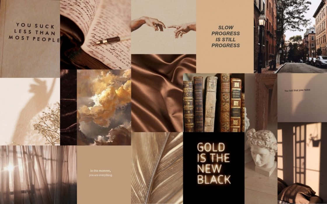brown aesthetic collage desktop wallpaper, motivational quotes, books, SD Desktop Wallpaper