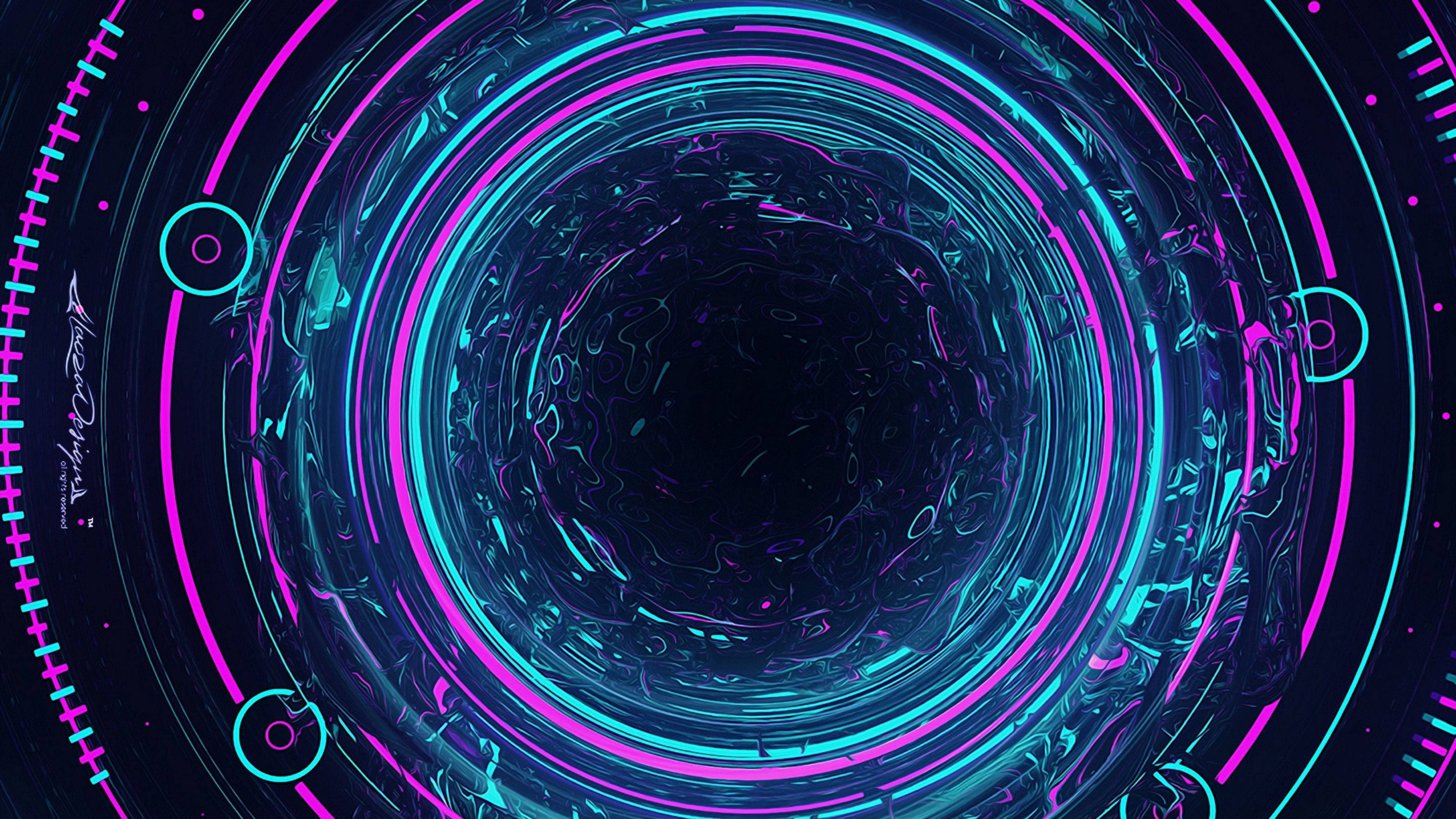 futuristic digital art desktop 4k, glowing cyan and magenta neon rings, spiraling, 4K Desktop Wallpaper