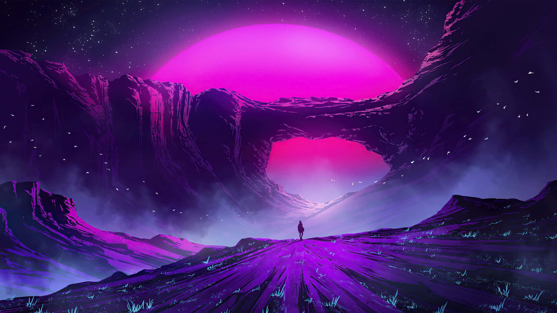 Purple Fantasy Aesthetics Computer, glowing purple path, massive pink planet, Full HD Desktop Wallpaper