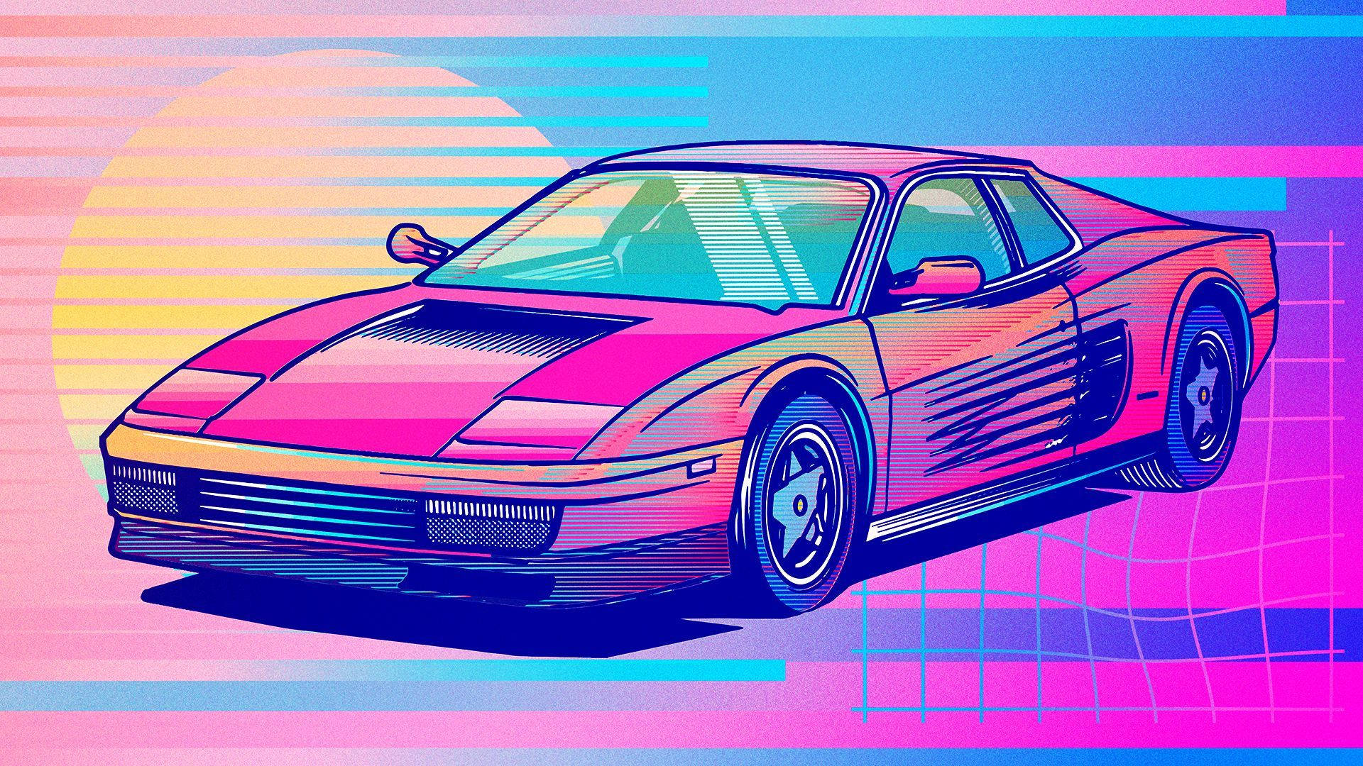 pink aesthetic car, retro sports car, pink and blue gradients, Full HD Desktop Wallpaper