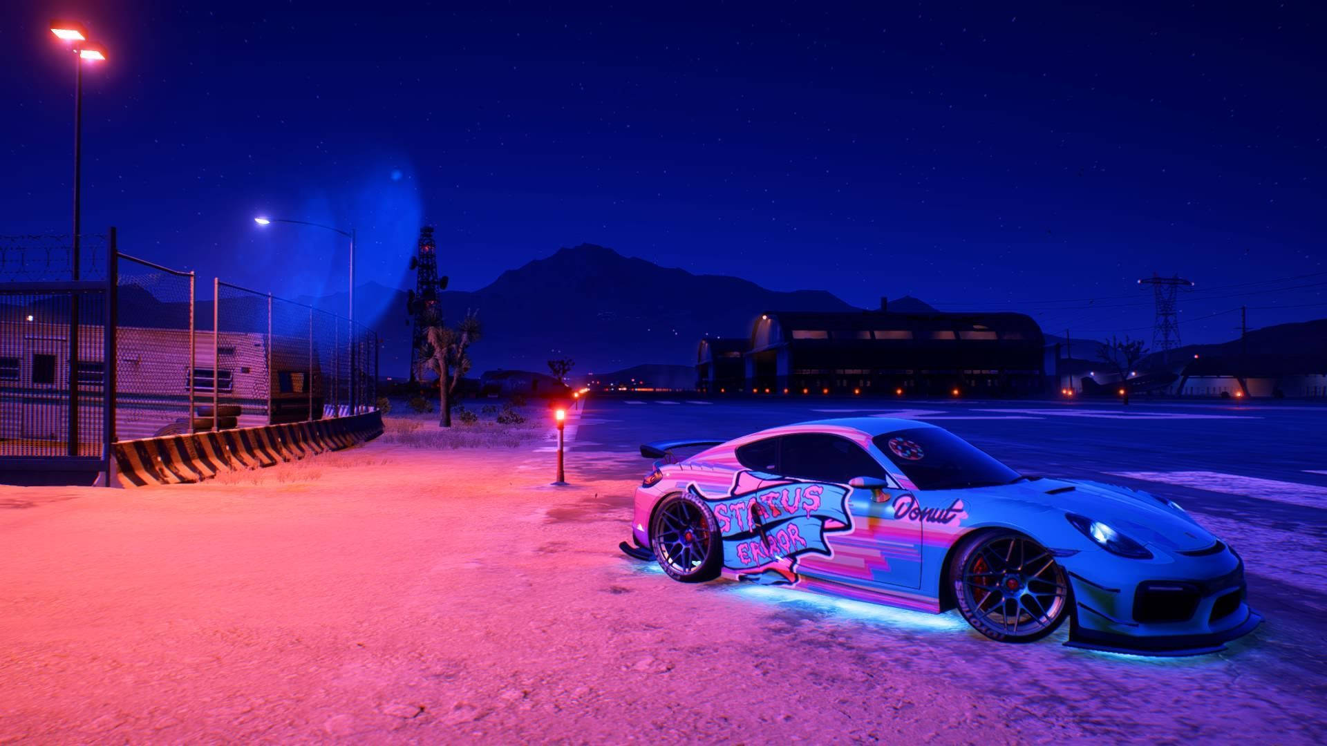 neon-lit custom sports car, pink and blue glow, streetlights, Full HD Desktop Wallpaper