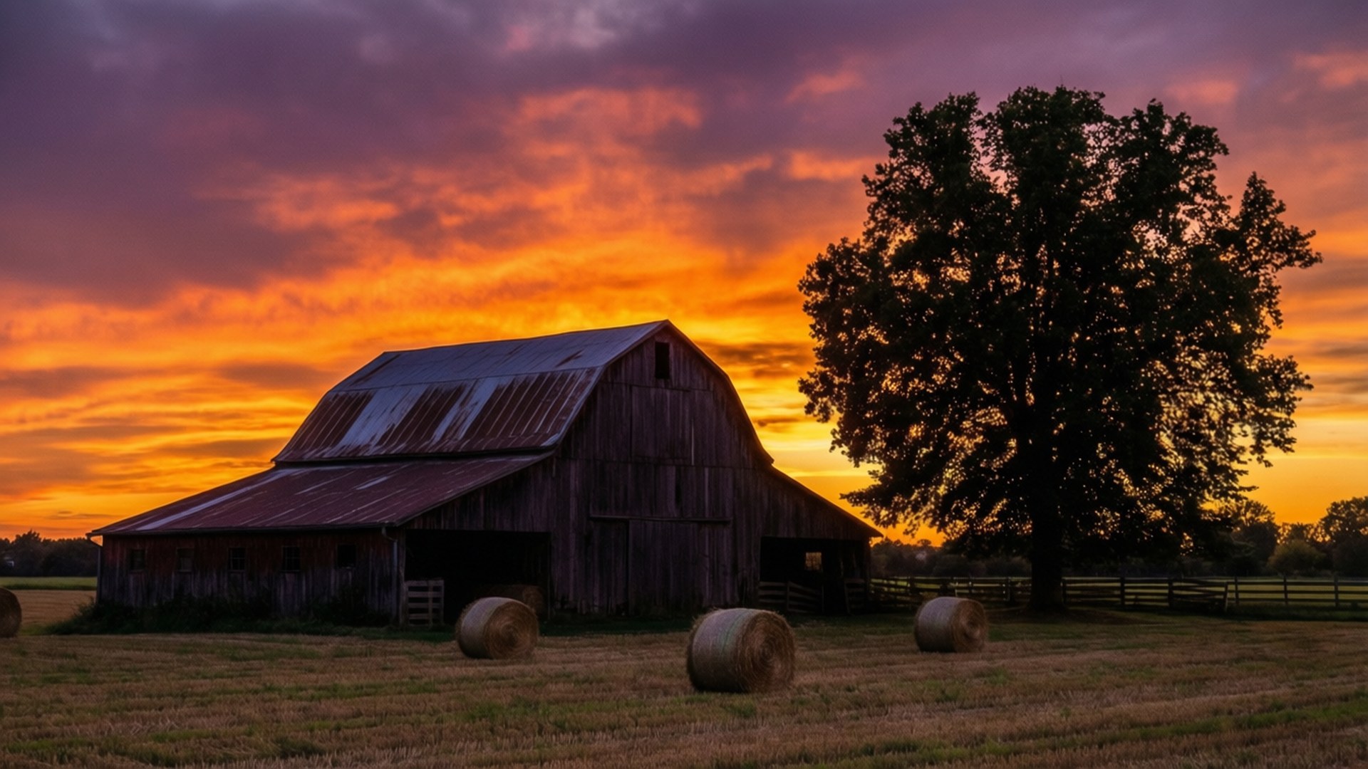 rustic wooden barn, rusted roof, fiery orange and purple sunset sky, Full HD Desktop Wallpaper
