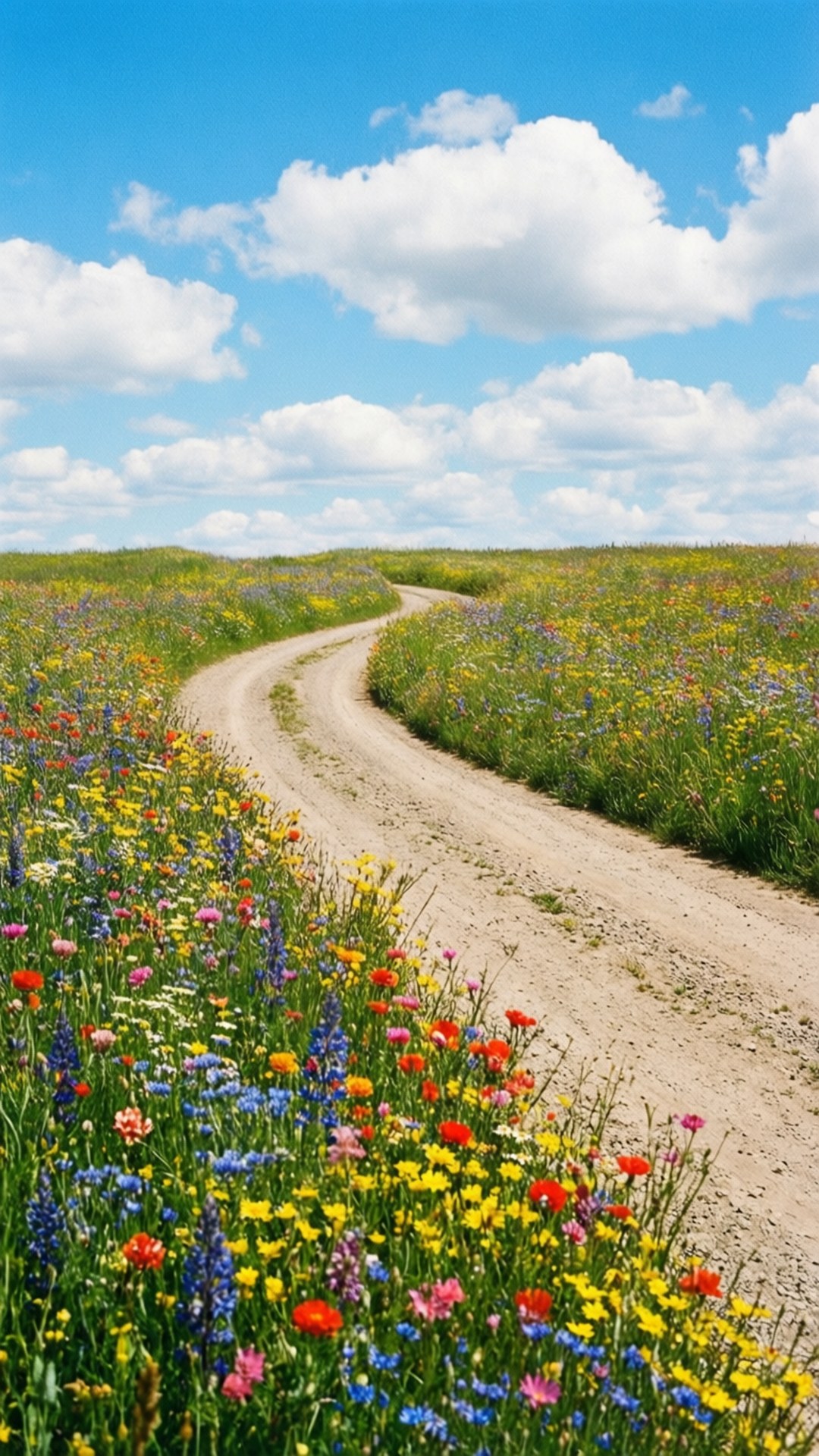 wildflower meadow, winding dirt path, bright blue sky, Full HD Phone Wallpaper