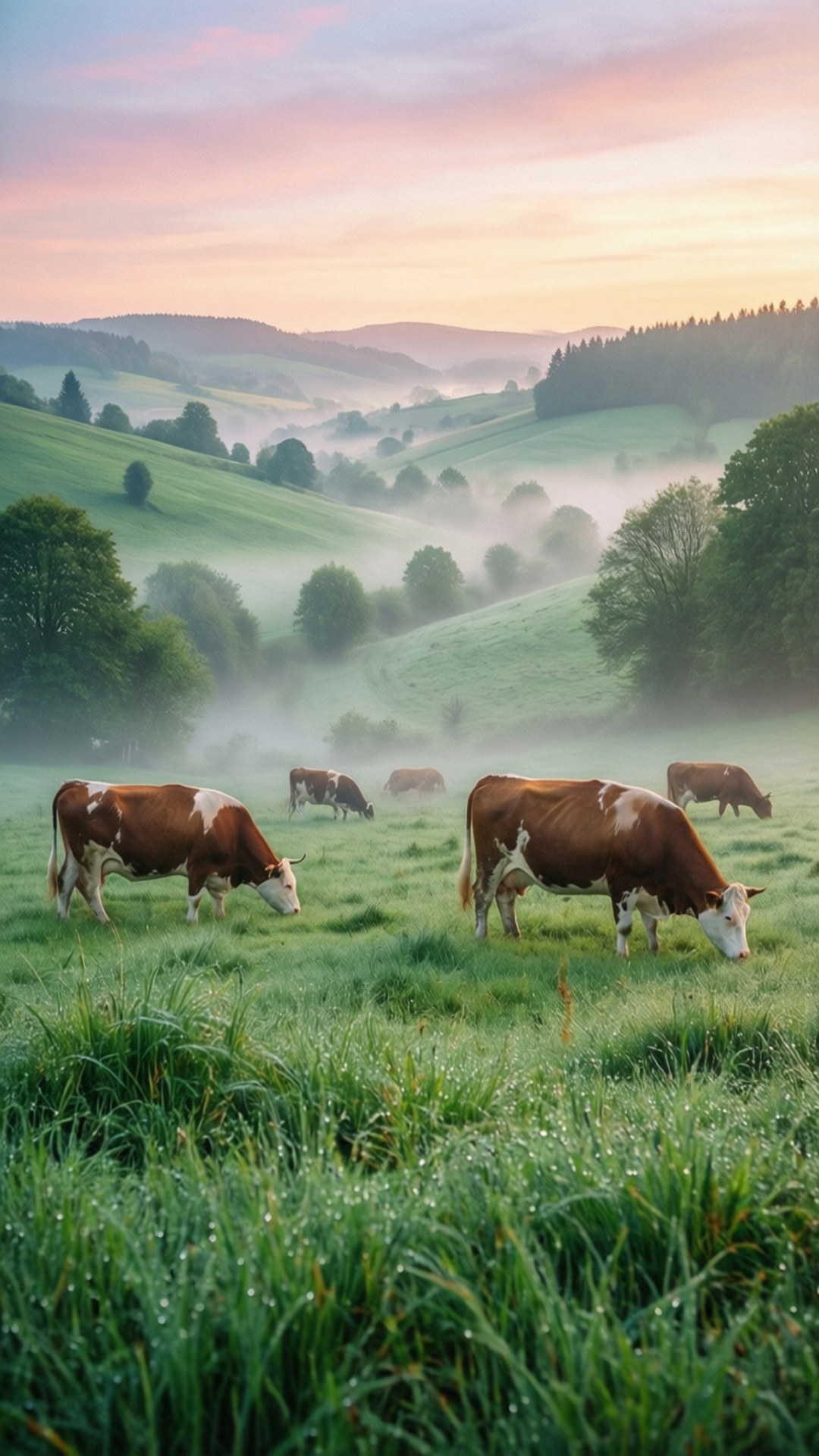 misty green valley, dawn, soft pink and orange sky, Full HD Phone Wallpaper