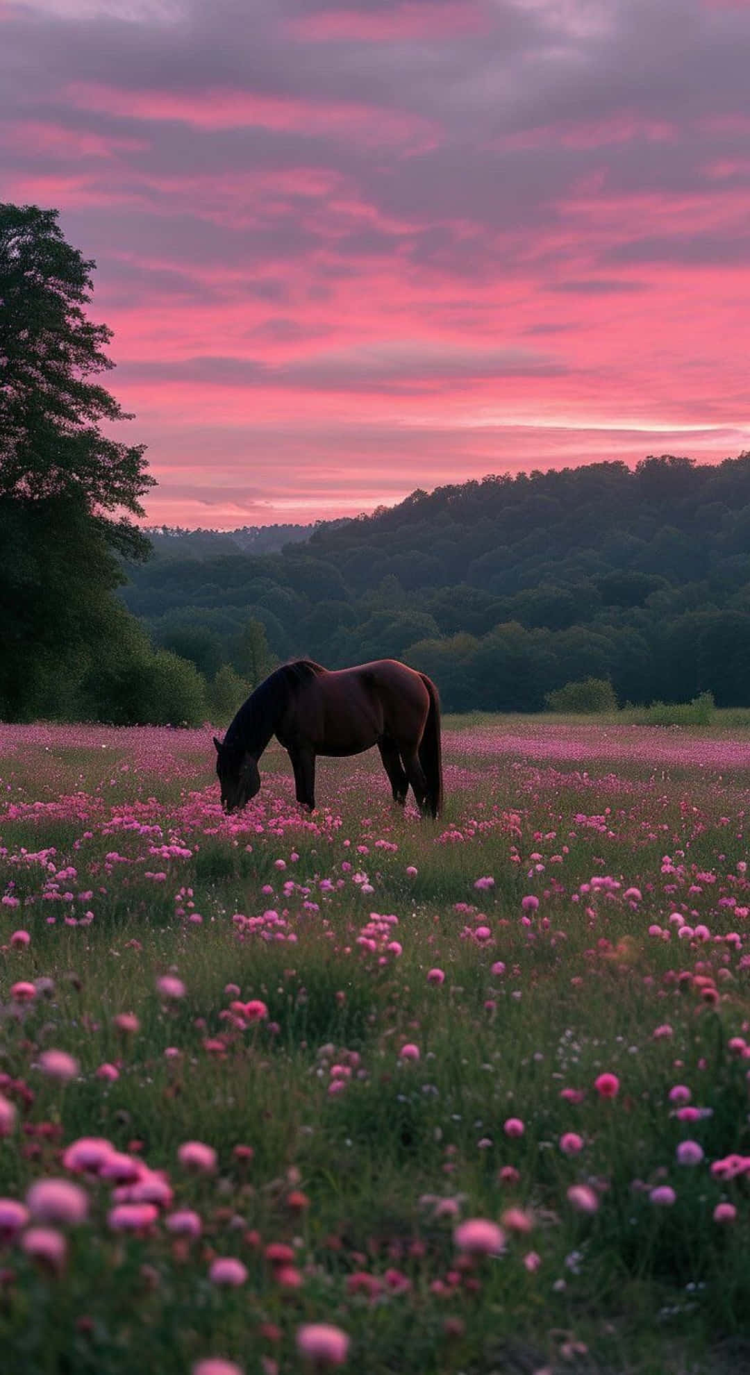 country sunset, horse, pink flowers, Full HD Phone Wallpaper
