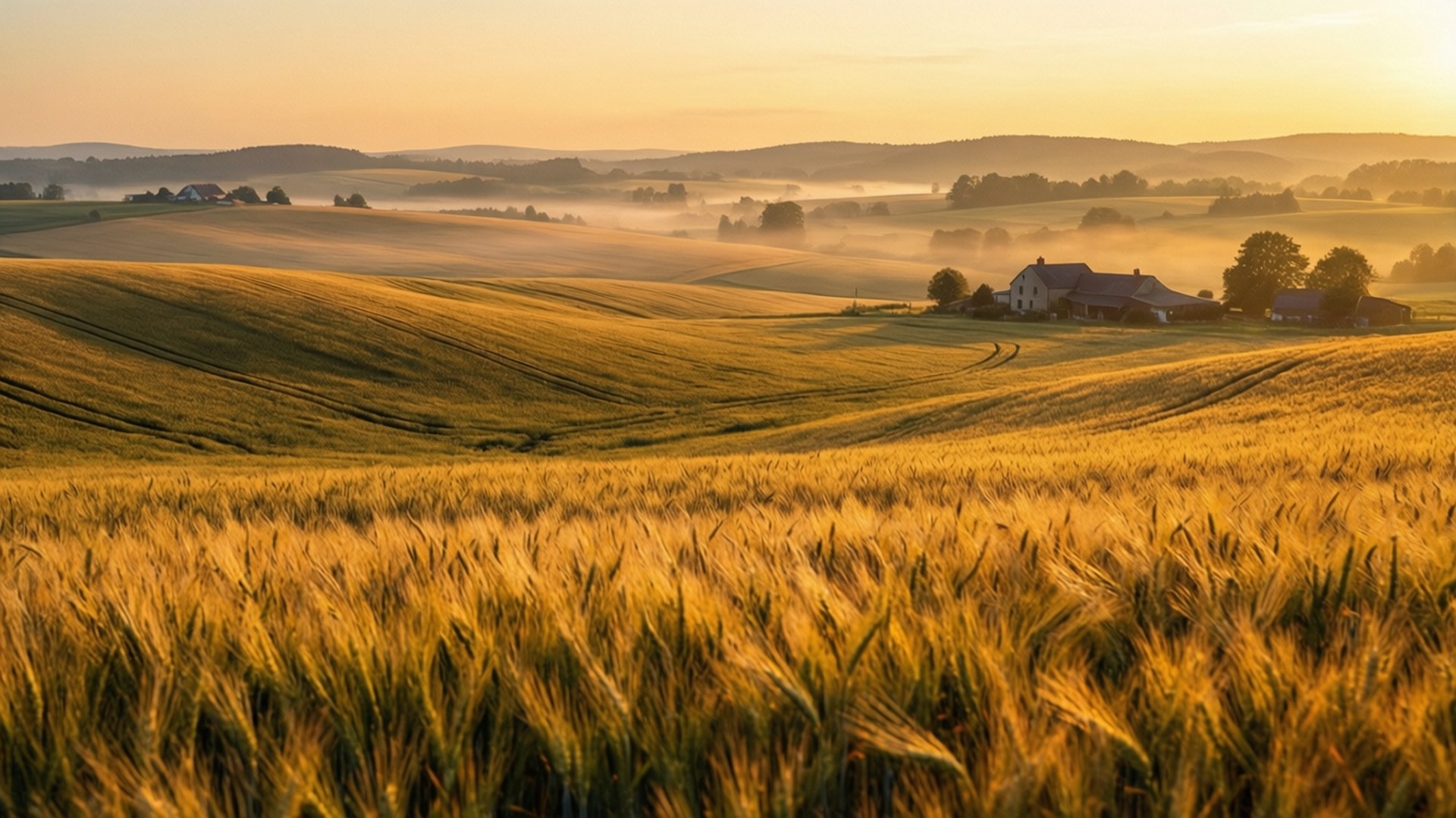golden wheat fields, sunrise light, misty hills, Full HD Desktop Wallpaper