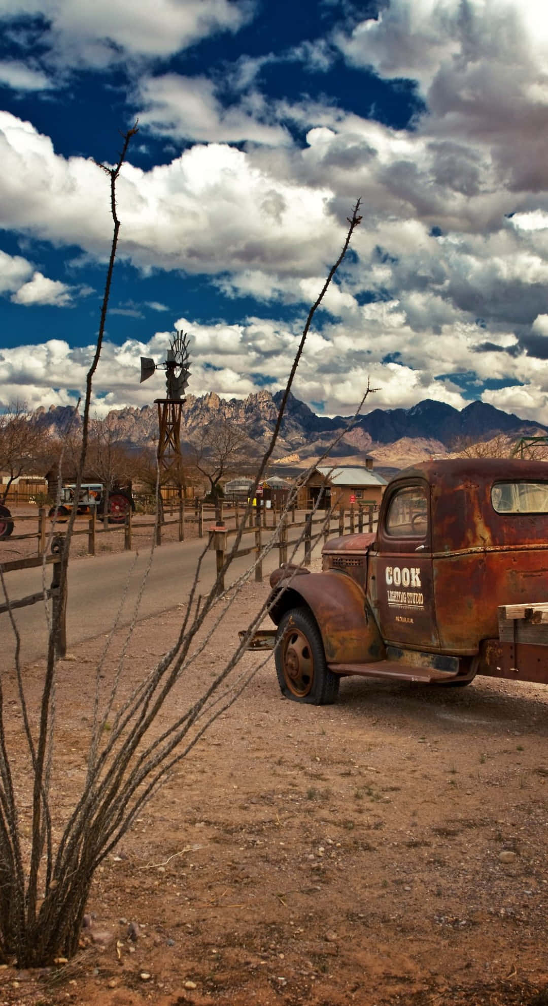 rusty vintage truck, dusty desert landscape, dramatic cloudy sky, Full HD Phone Wallpaper