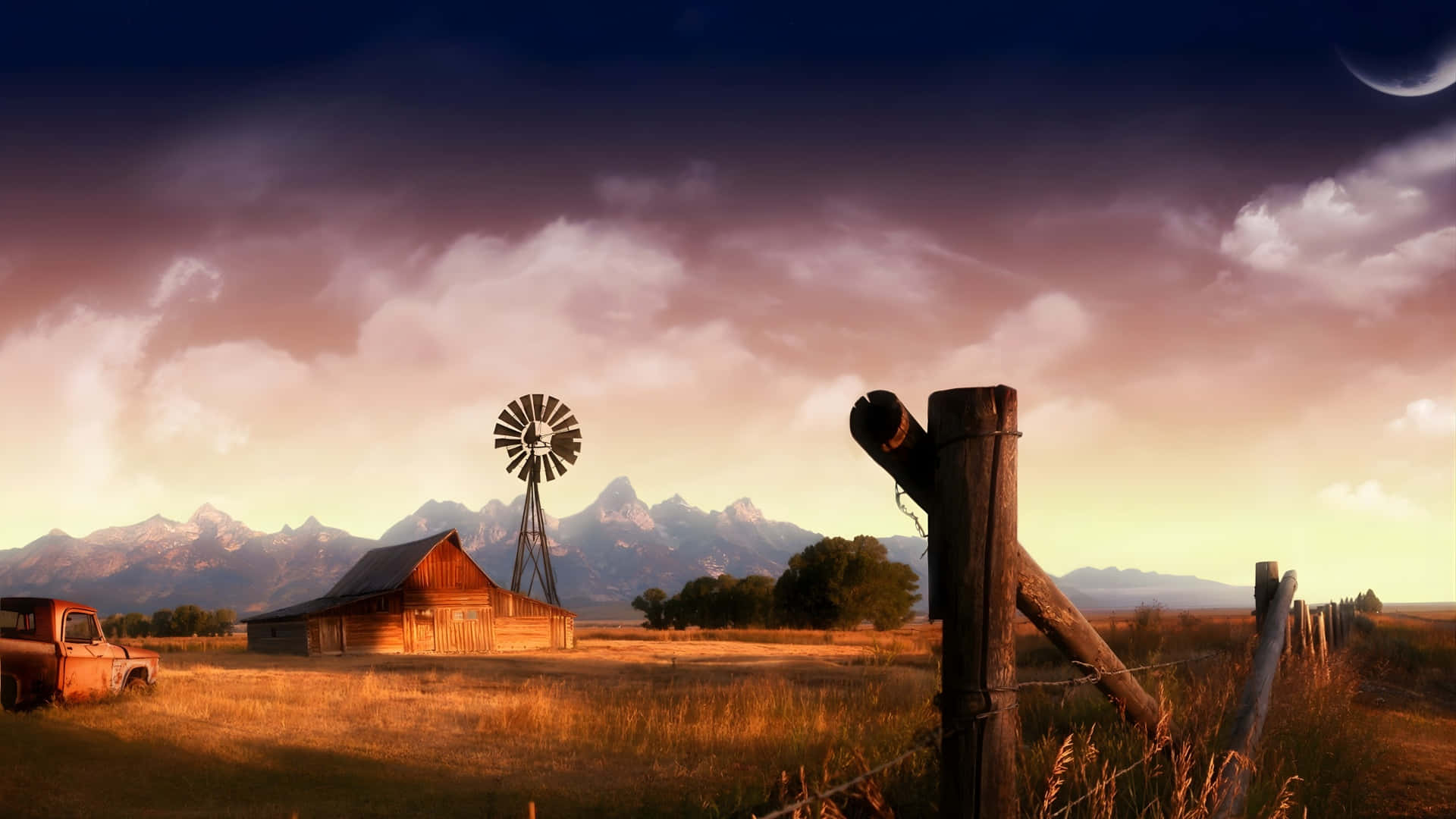 rustic wooden fence, golden field, old barn windmill, Full HD Desktop Wallpaper