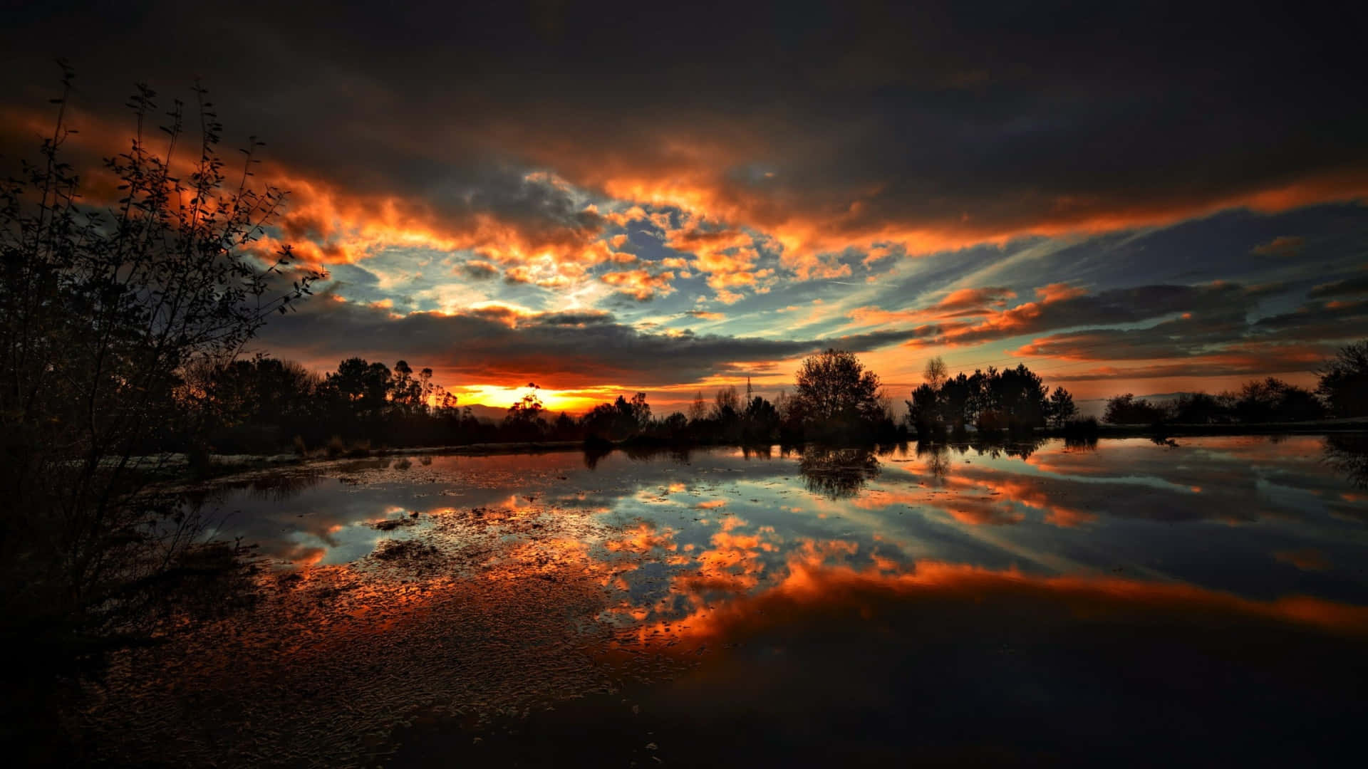 sunset, tranquil lake, fiery orange clouds, Full HD Desktop Wallpaper