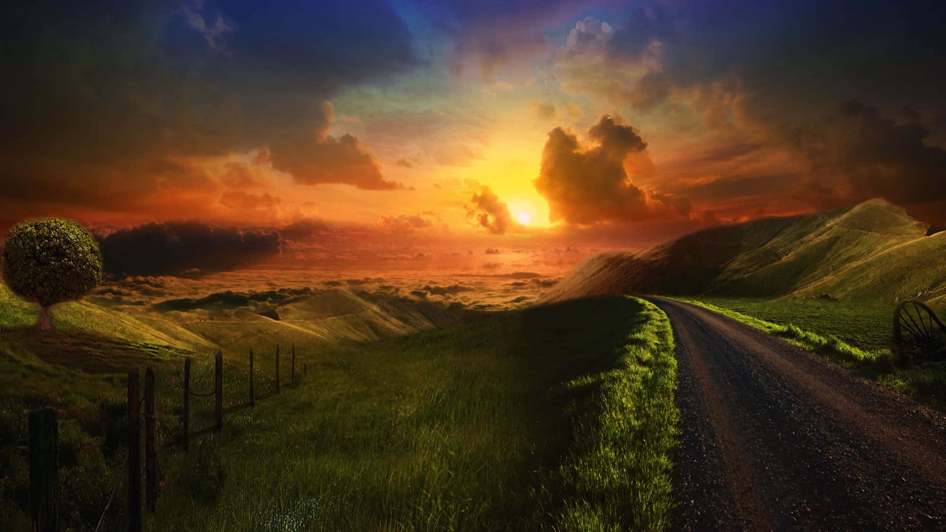 sunset, rolling hills, gravel road, Full HD Desktop Wallpaper