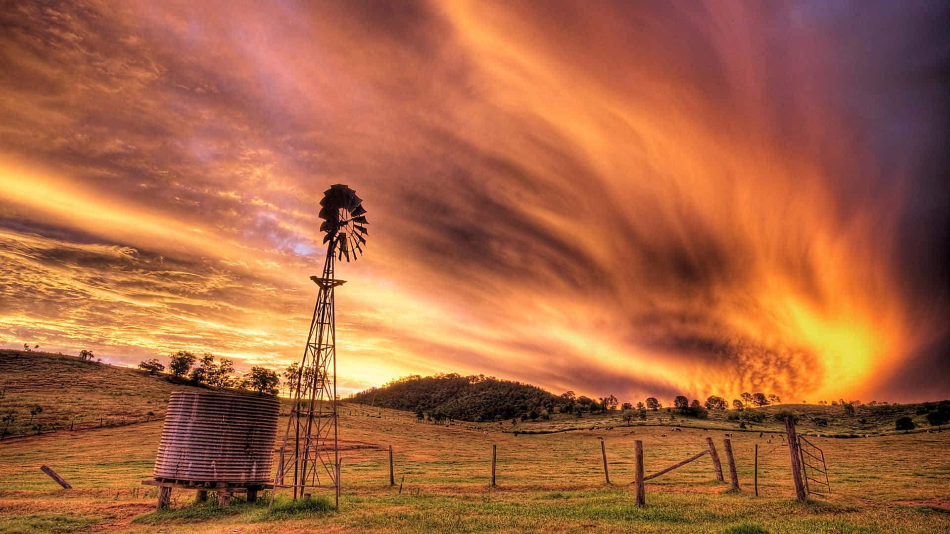 rusty windmill, water tank, fiery sunset sky, Full HD Desktop Wallpaper
