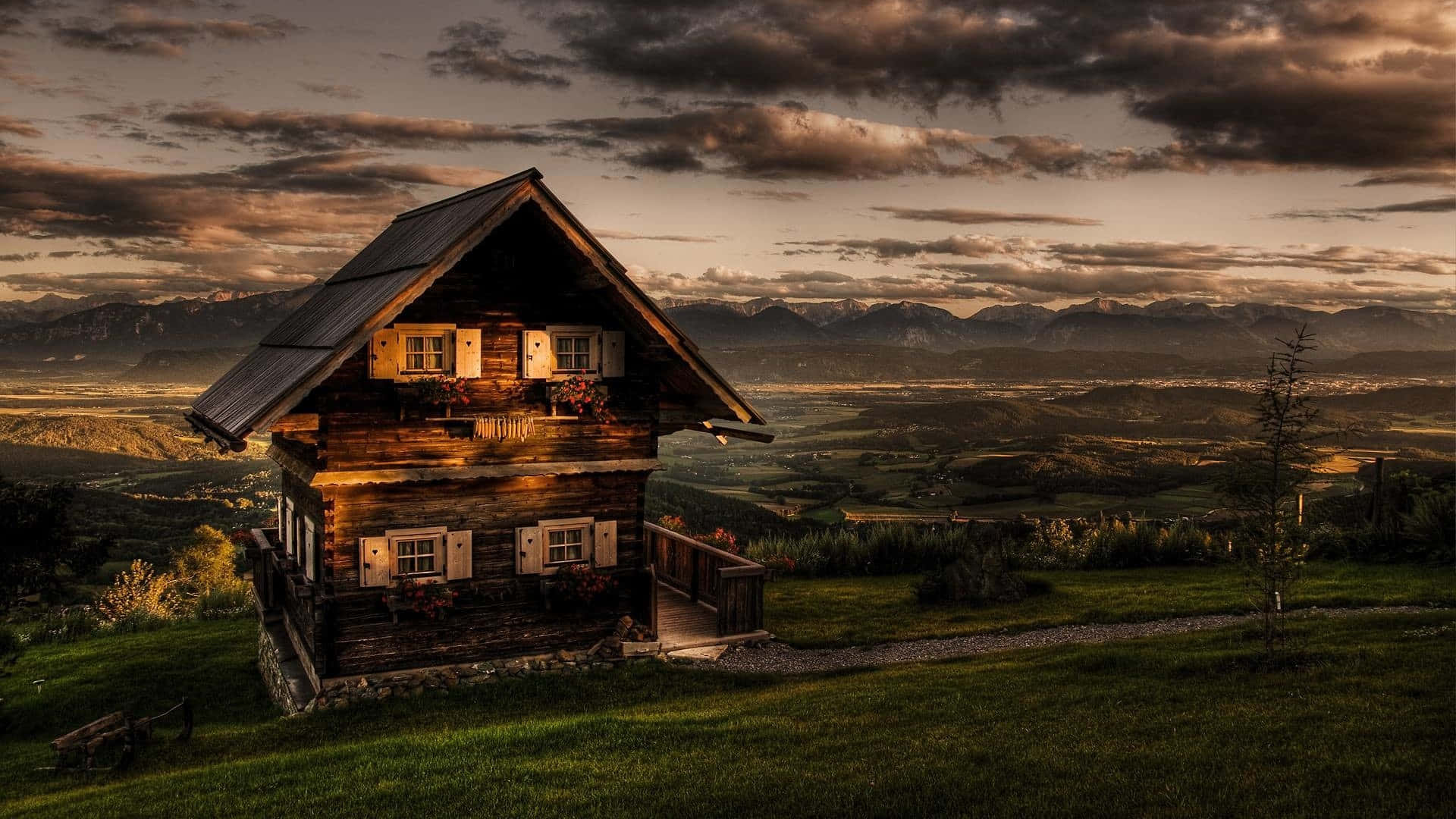 rustic wooden cabin, grassy hill, vast valley, Full HD Desktop Wallpaper