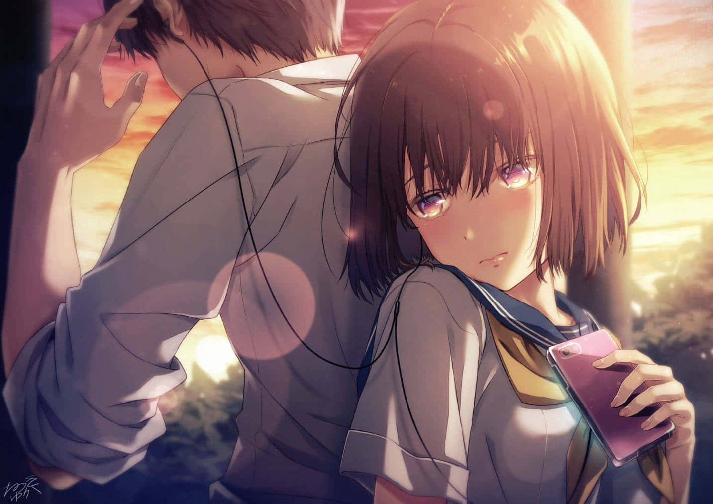 Aesthetic Couple Anime, sunset glow, short brown hair, HD Desktop Wallpaper